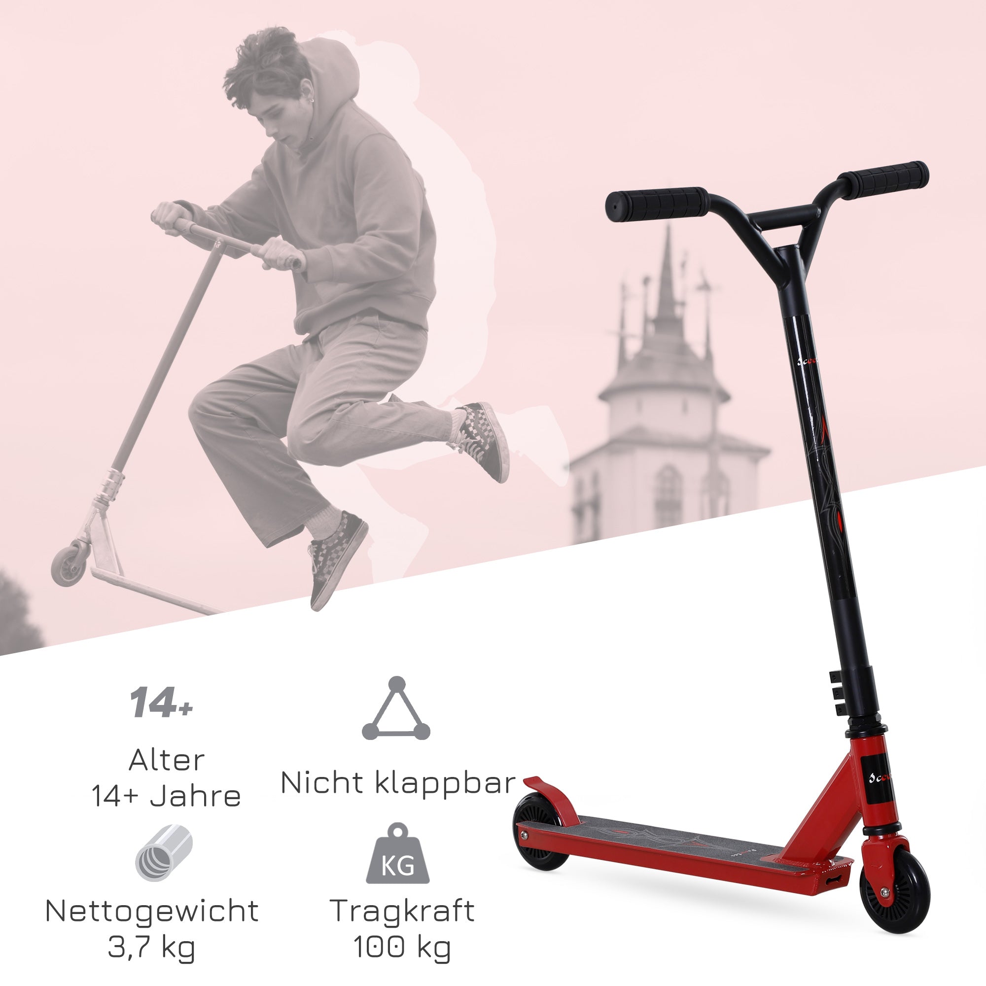 Homcom Pro Stunt Scooter für Kinder & Erwachsene, Freestyle Tretroller, 100mm Kunstleder-Räder, Aluminium Rot, für Tricks