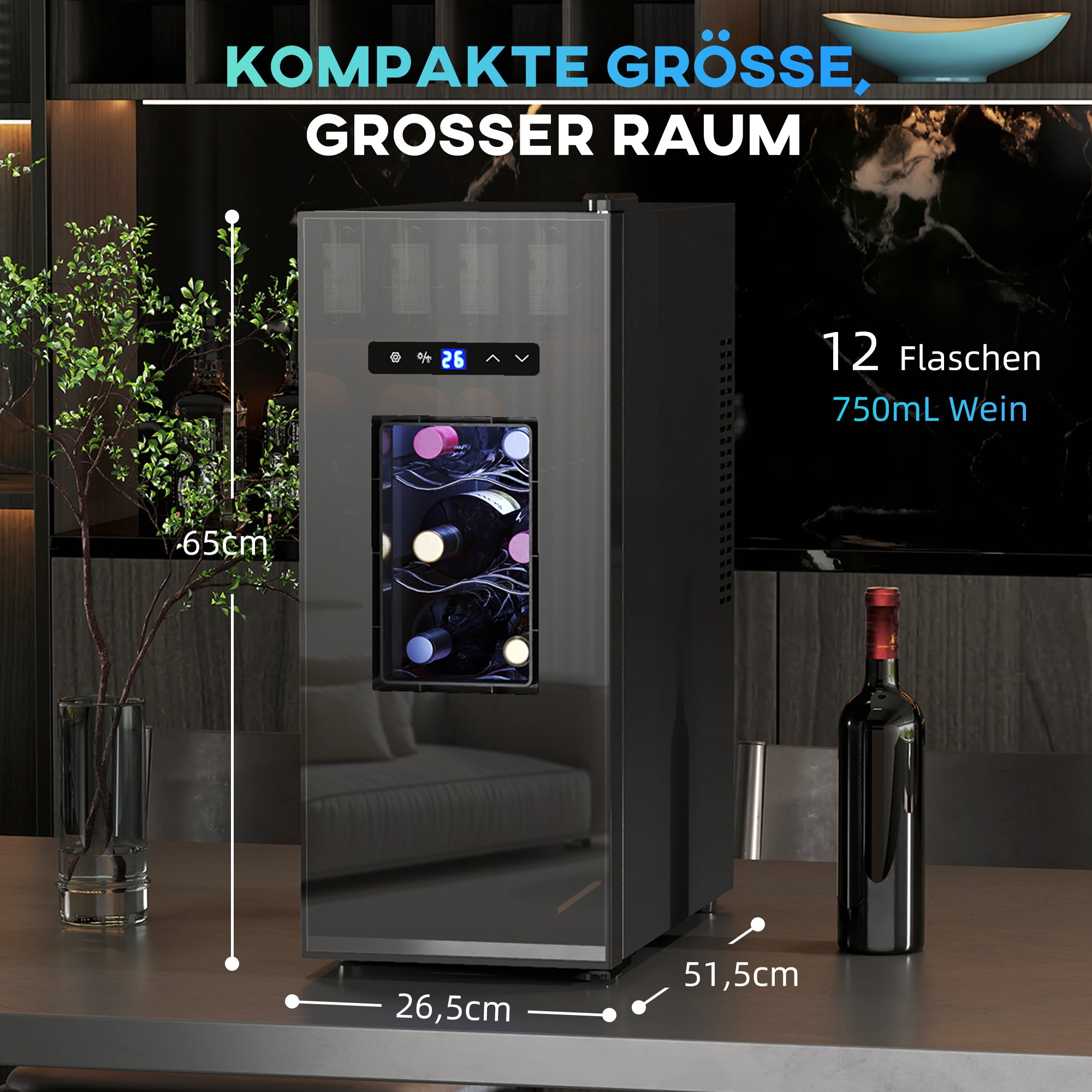 HOMCOM Weinkühlschrank für 12 Flaschen, mit Glastür, Getränkekühlschrank mit LED-Licht, Touch-Screen, Schwarz