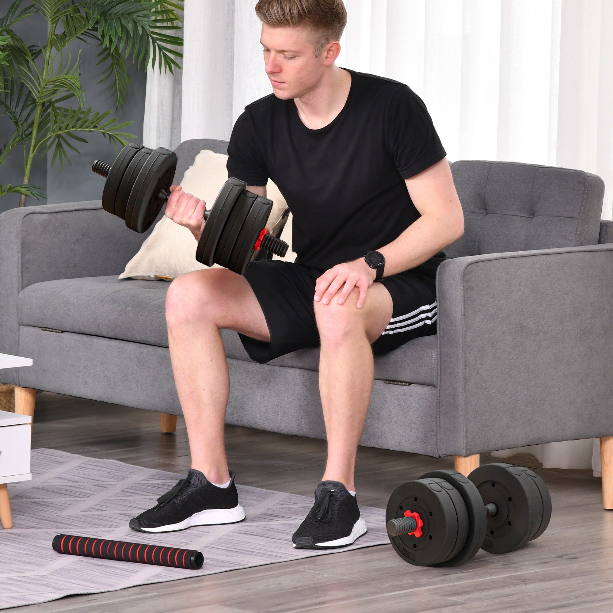 HOMCOM 2 in 1 Hanteln Set 20 kg verstellbare Kurzhantel & Langhantel professionell Dumbbell Krafttraining Schwarz