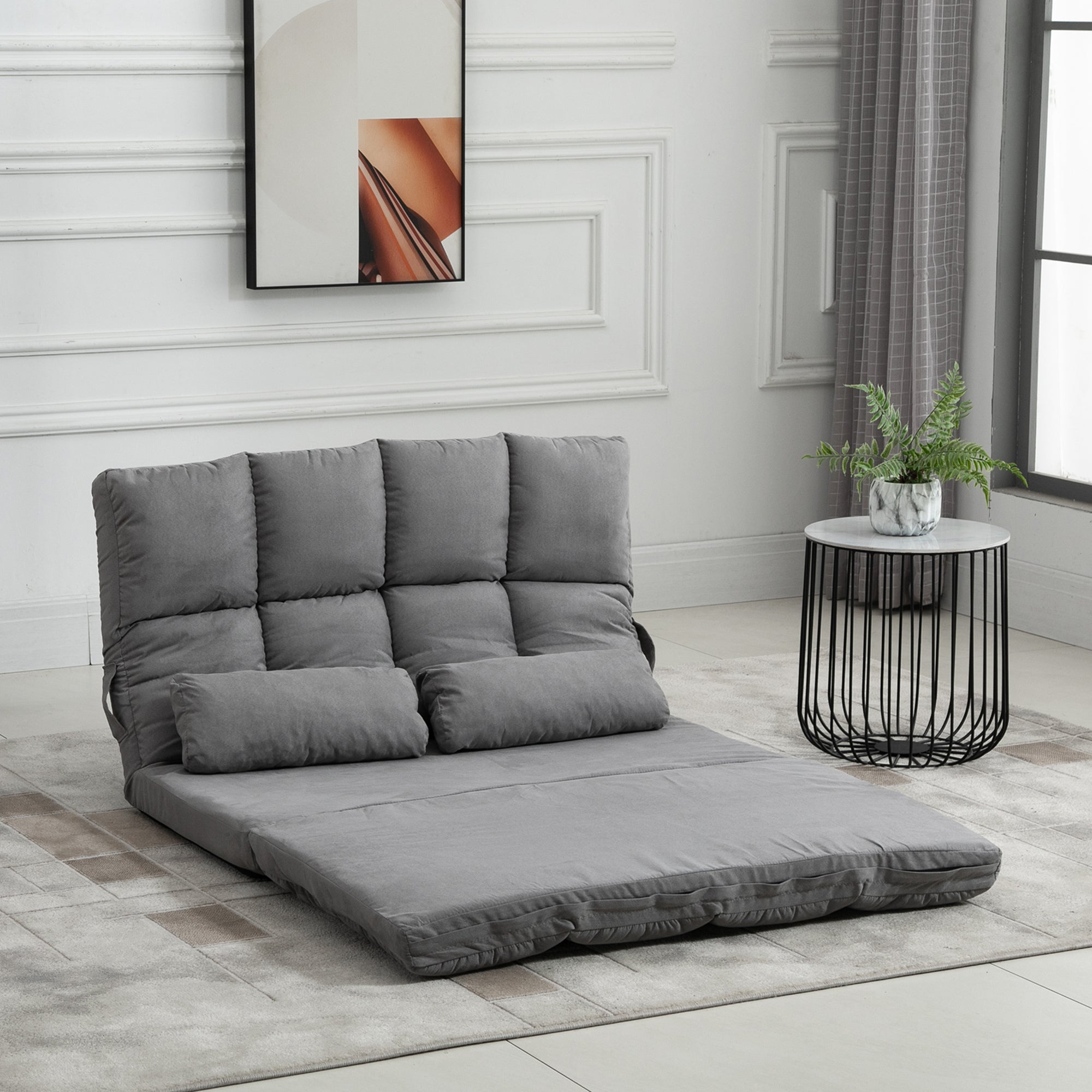 HOMCOM Bodenstuhl 2-in-1 Bodensessel Bett mit Rückenlehne 3 Positionen Verstellbare Sitzkissen Grau Samt Metall 102 x 73 x 60 cm