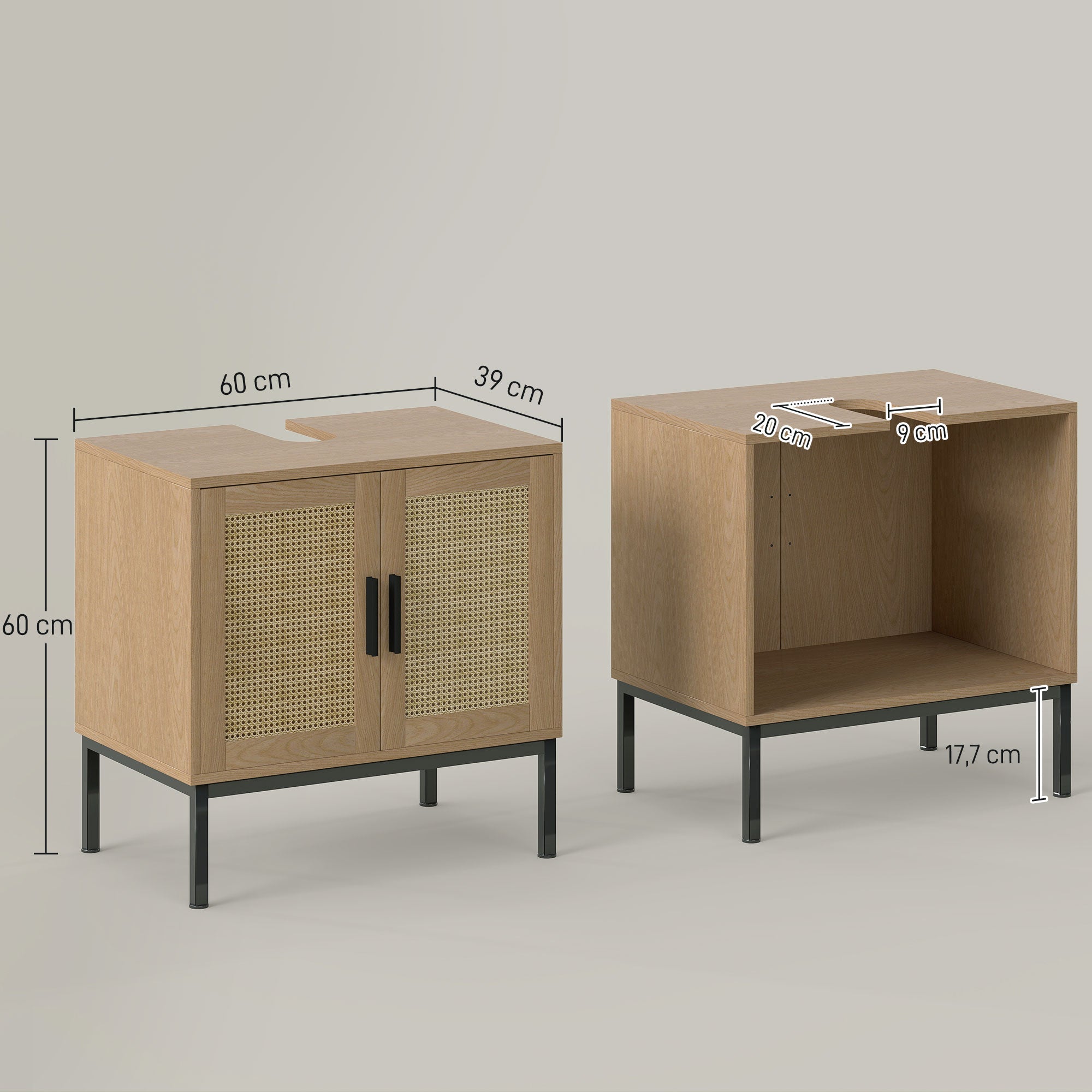 kleankin Badezimmerunterschrank, im Boho-Design, Badezimmerschrank, Rattan-Elemente, mit U-Ausschnitt, Eiche