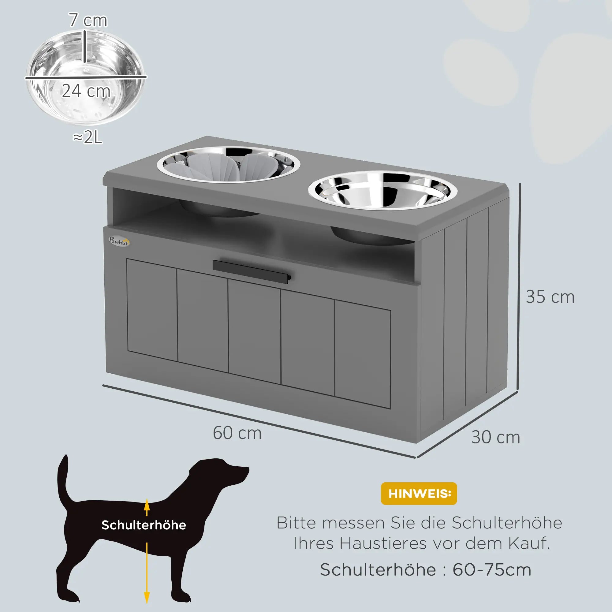 PawHut Futterstation für große Hunde, mit 2 Edelstahlnäpfen, Schublade, Futterspender für Haustiere, MDF, Stahl, Grau