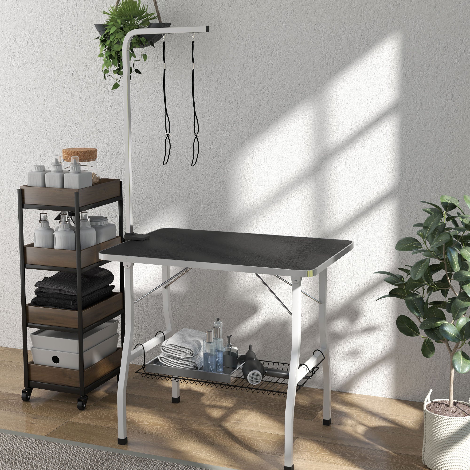 PawHut Hundepflegetisch, Frisiertisch mit einstellbarem Arm, Aufbewahrungsfach, Gummioberfläche, 90 x 60 x 76 cm, Schwarz