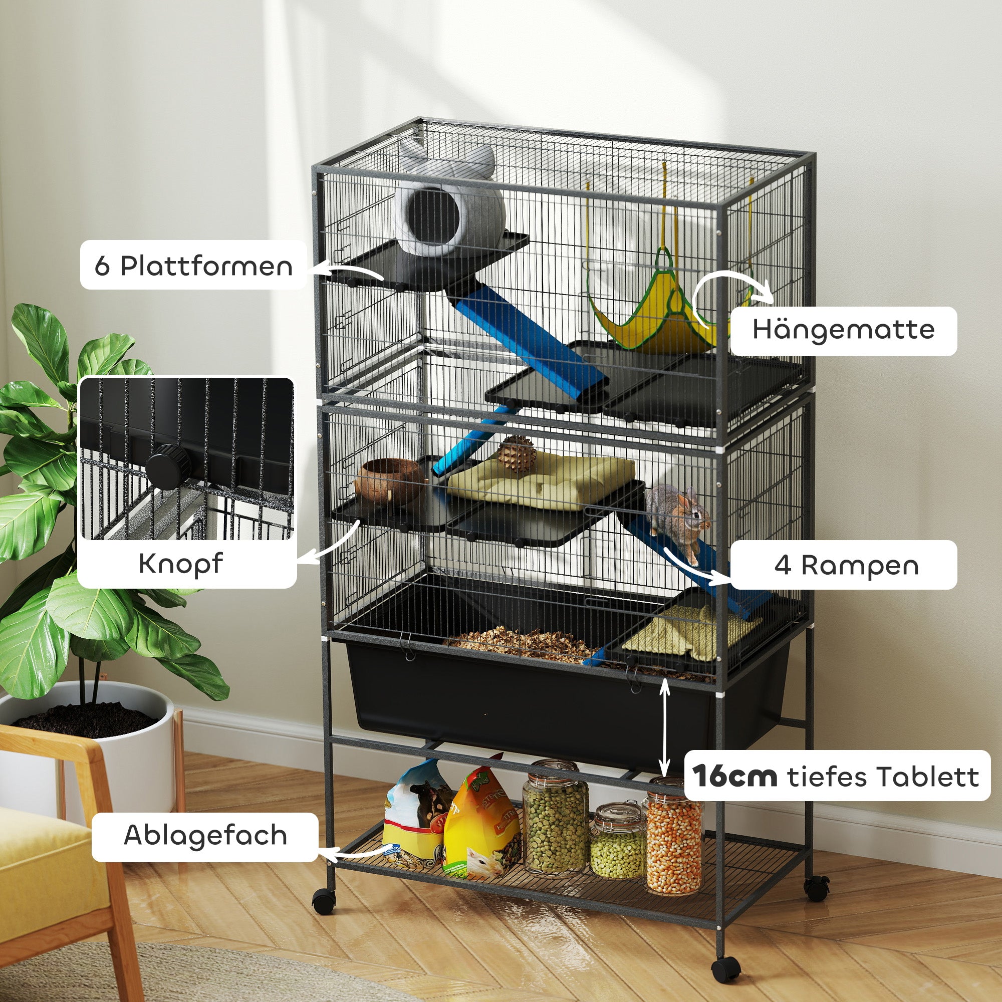 PawHut Kleintierkäfig, Haustierkäfig mit 5 Ebenen, Rutschfeste Rampen, Hängematte, 88 x 48 x 150,5 cm, Dunkelgrau