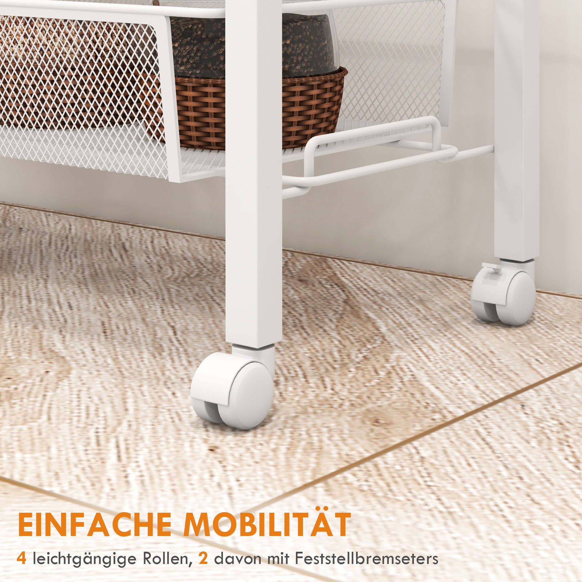 HOMCOM Nischenwagen Mehrzweckwagen Küchenwagen, 3 Regale, Haken, 58 cm x 18,5 cm x 87 cm, Weiß