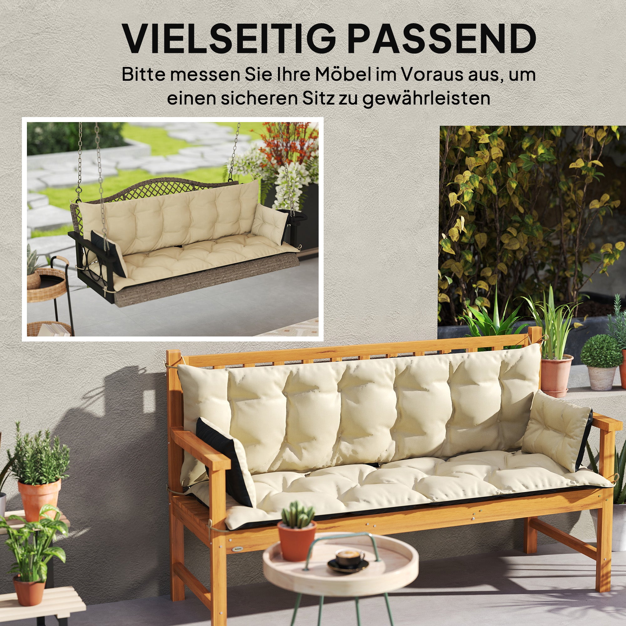 Outsunny Outdoor-Kissen-Set für Bank oder Hollywoodschaukel, zweifarbig, Polyester, Schaumstoff, 180 x 110 x 8 cm, Beige+Schwarz