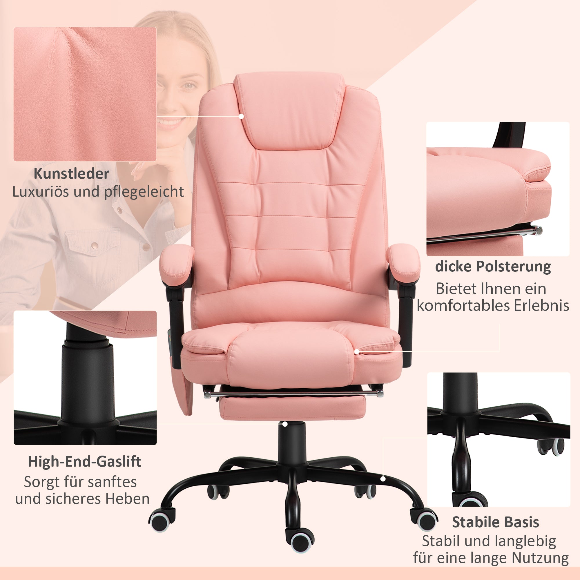 Vinsetto Massage-Bürostuhl, 7 Vibrationspunkte, verstellbare Fußstütze & Lehne, bis 120 kg, Lederoptik, Rosa