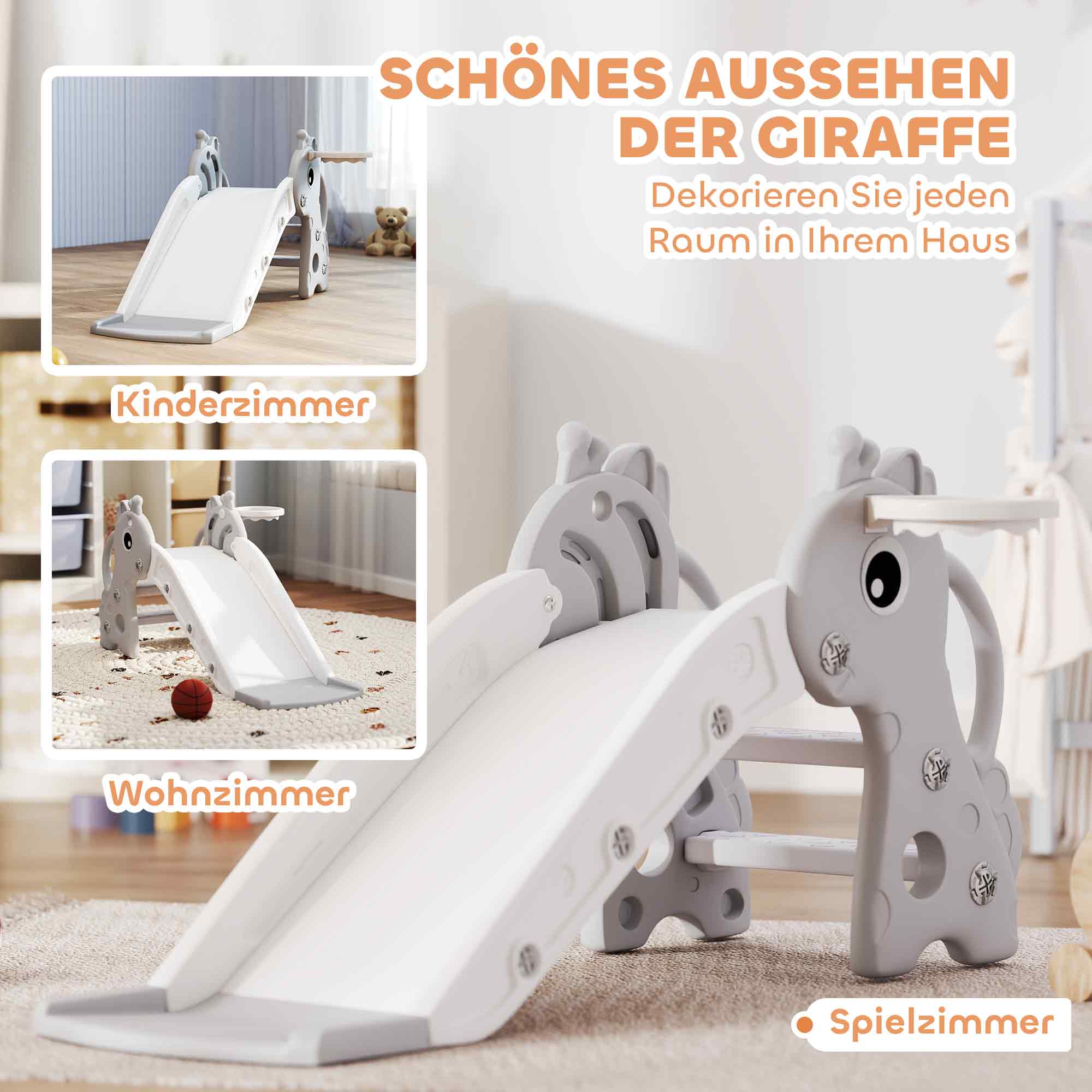 AIYAPLAY 3-in-1 Rutsche für Kinder, Giraffenform, Basketballkorb, Ball, Grau