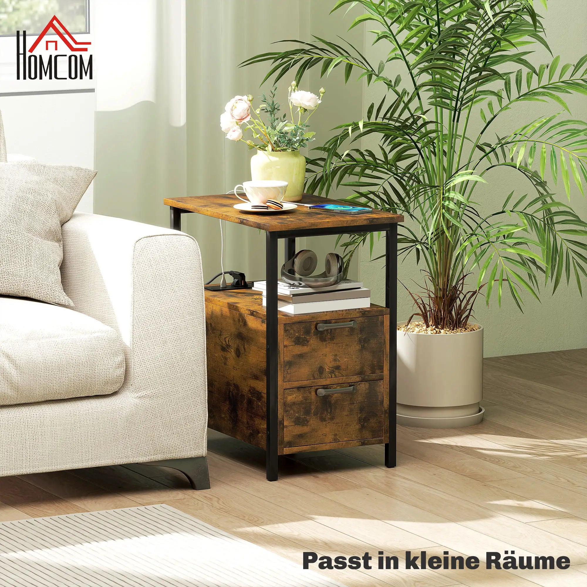 HOMCOM Beistelltisch mit Aufladestation & 2 Schubladen – Rustikal-Braun