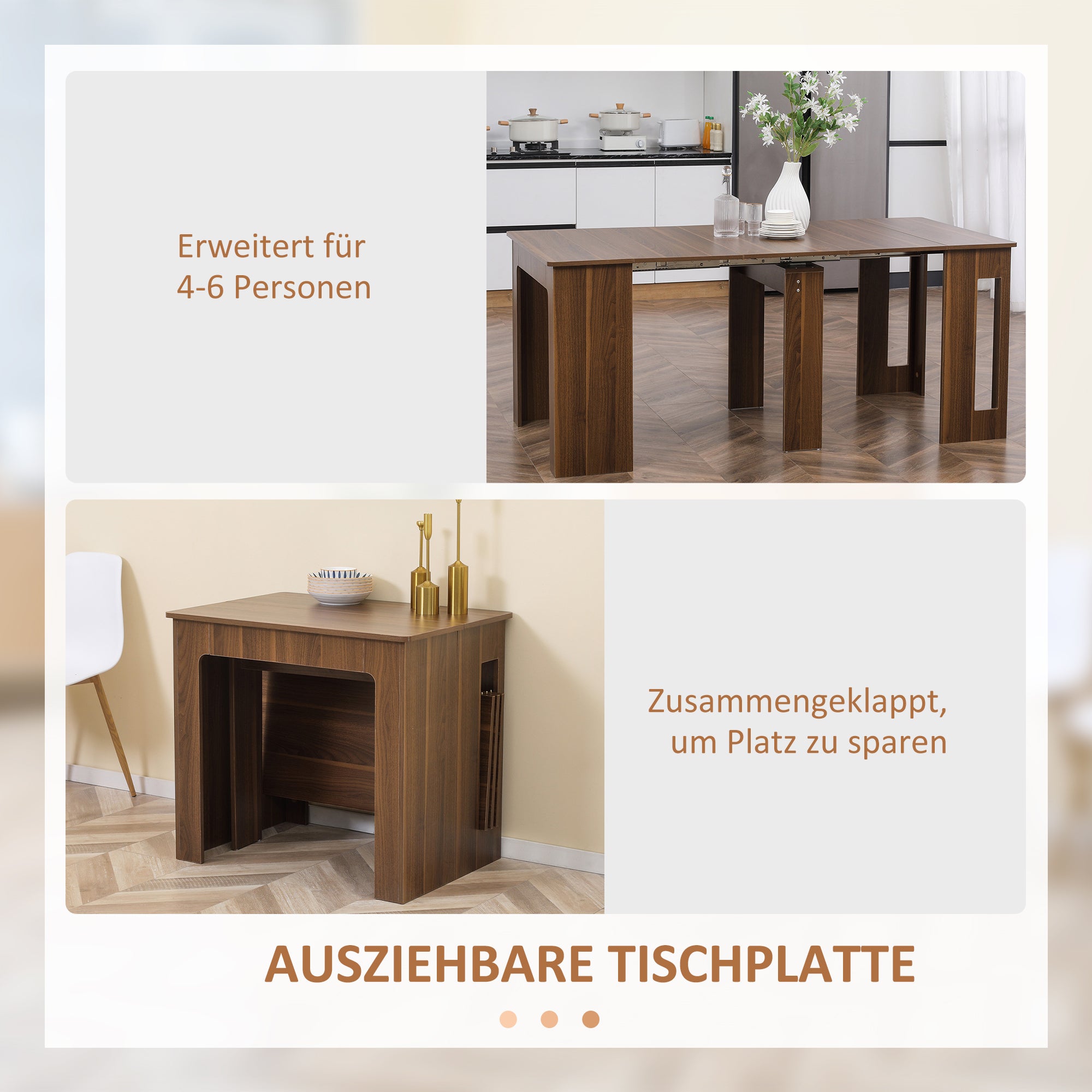 HOMCOM Ausklappbarer Esstisch Ausziehbarer Esstisch Esstisch, mobil, modernes Design, 180cm x 85cm x 75cm, Braun