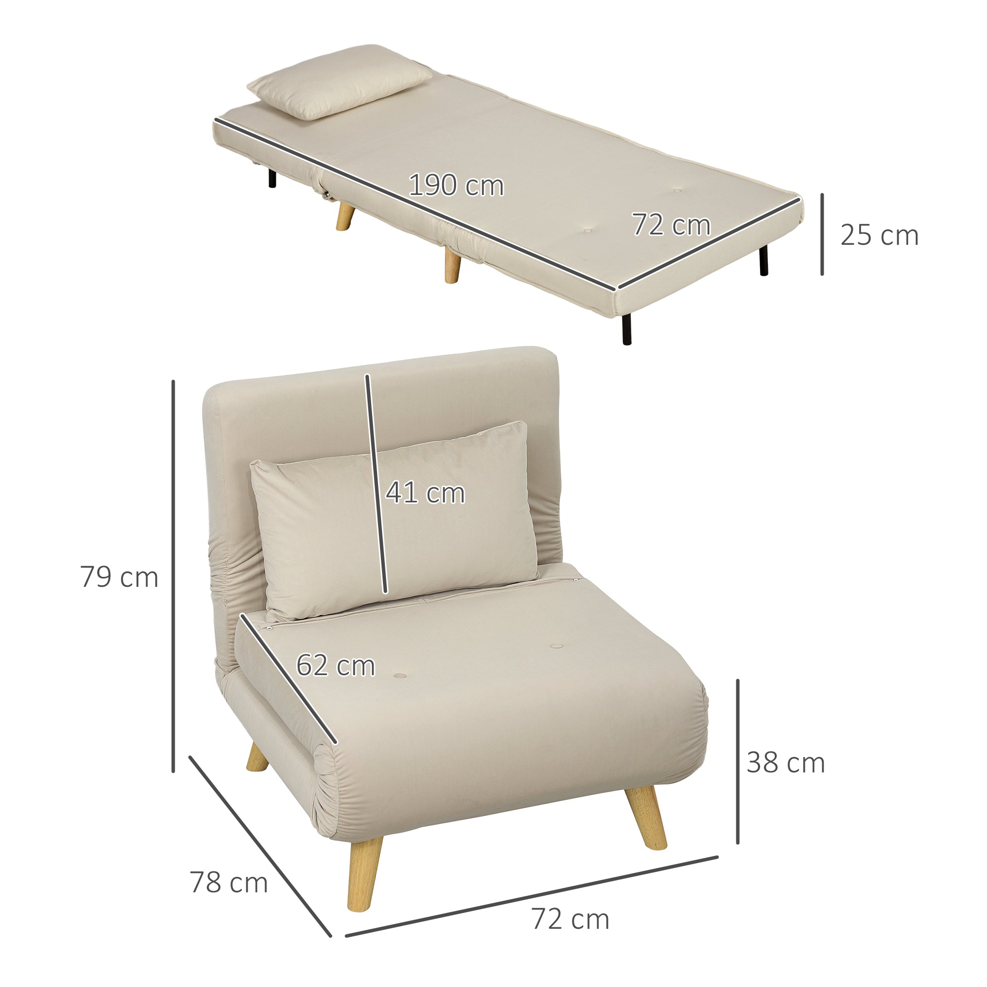 HOMCOM Klappsessel mit Bettfunktion, Klappbarer Relaxsessel in Samtoptik, Verstellbare Lehne, bis 120 kg belastbar, Beige