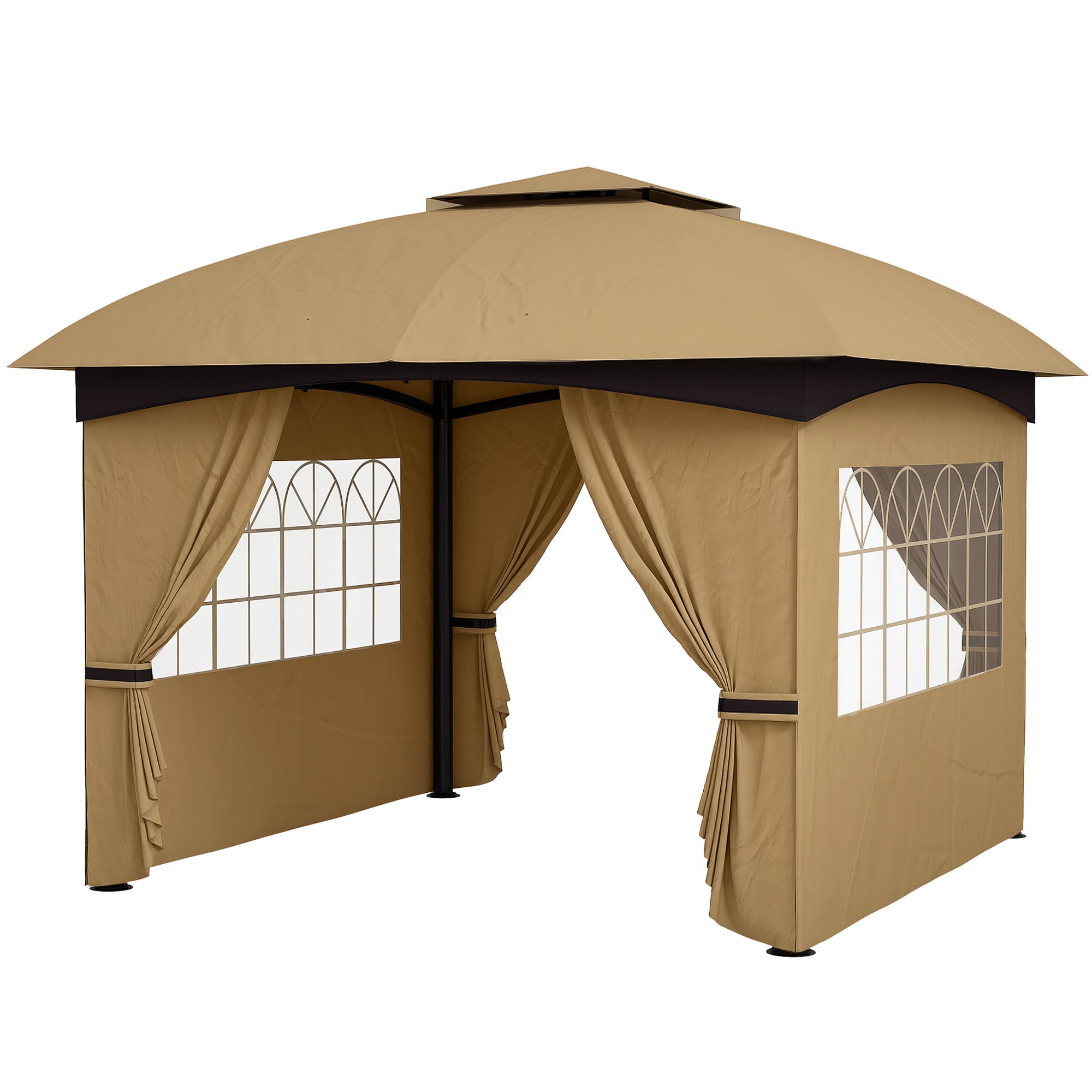 Outsunny 3,4 x 3,4 m Gartenpavillon, Bierzelt mit Lüftungsdach, Bogenfenstern, Stahlgestell, Beige