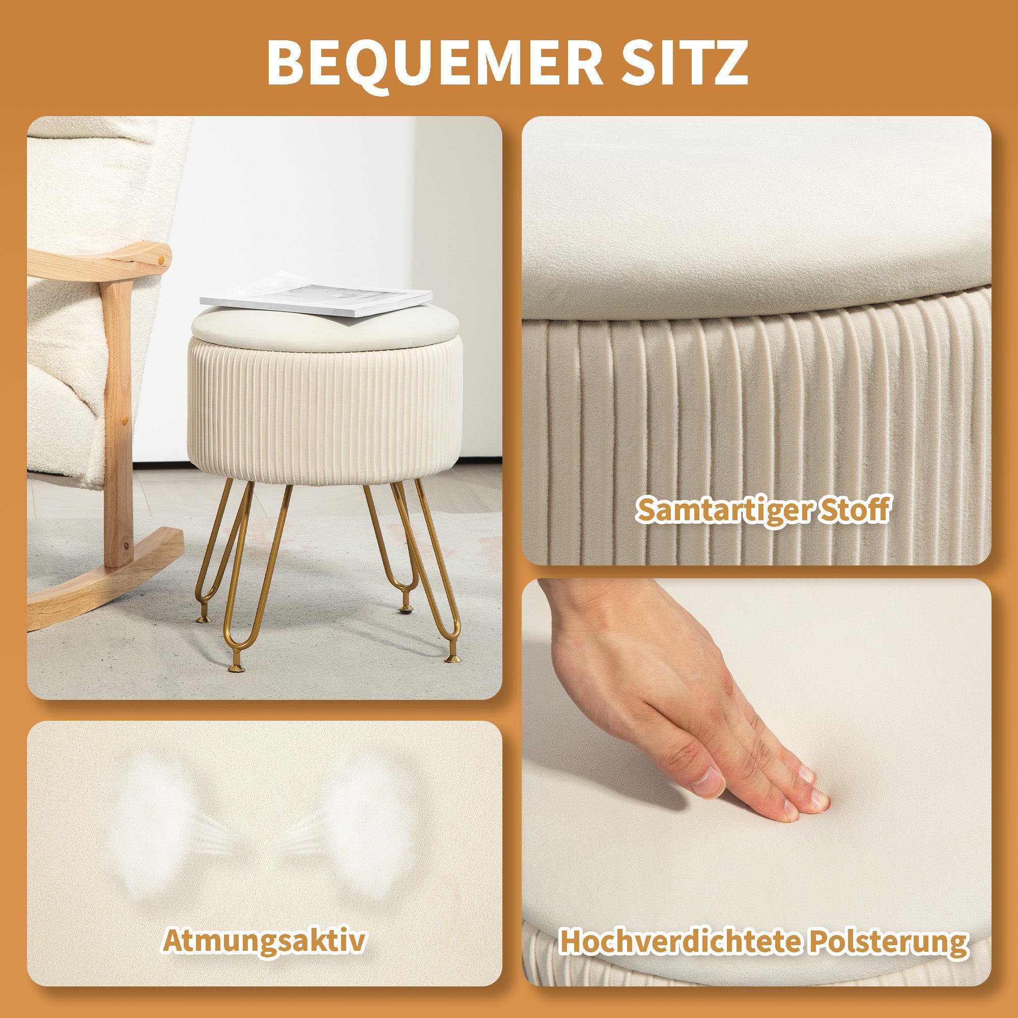 HOMCOM 2-in-1-Aufbewahrungshocker mit Metallbeinen, runder Fußhocker für Wohnzimmer, Schlafzimmer, Flur, Cremeweiß