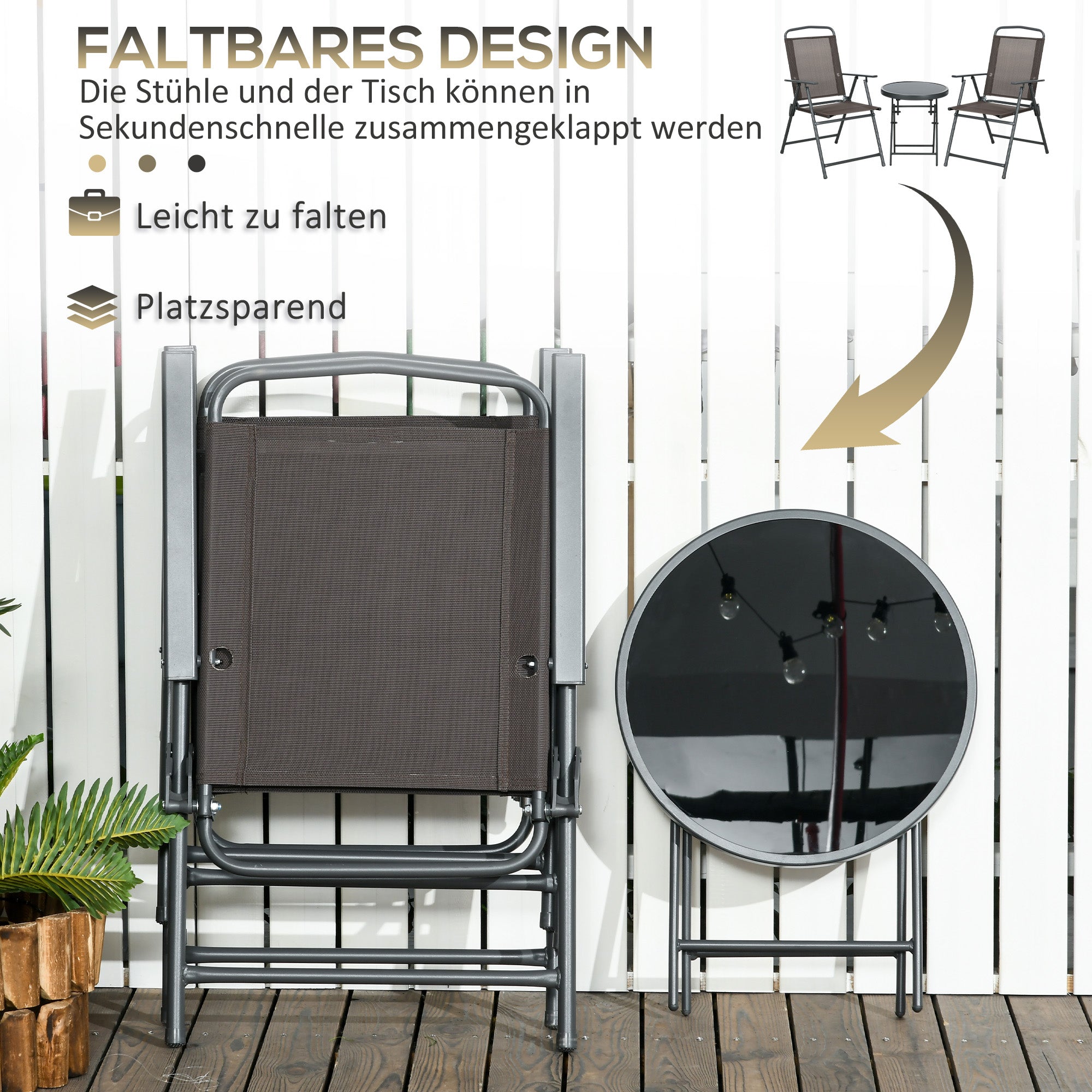 Outsunny Bistro-Set 3-teilig aus Metall Wetterfest Gartenmöbel Set mit klappbar Glastisch Gartenstühlen Braun