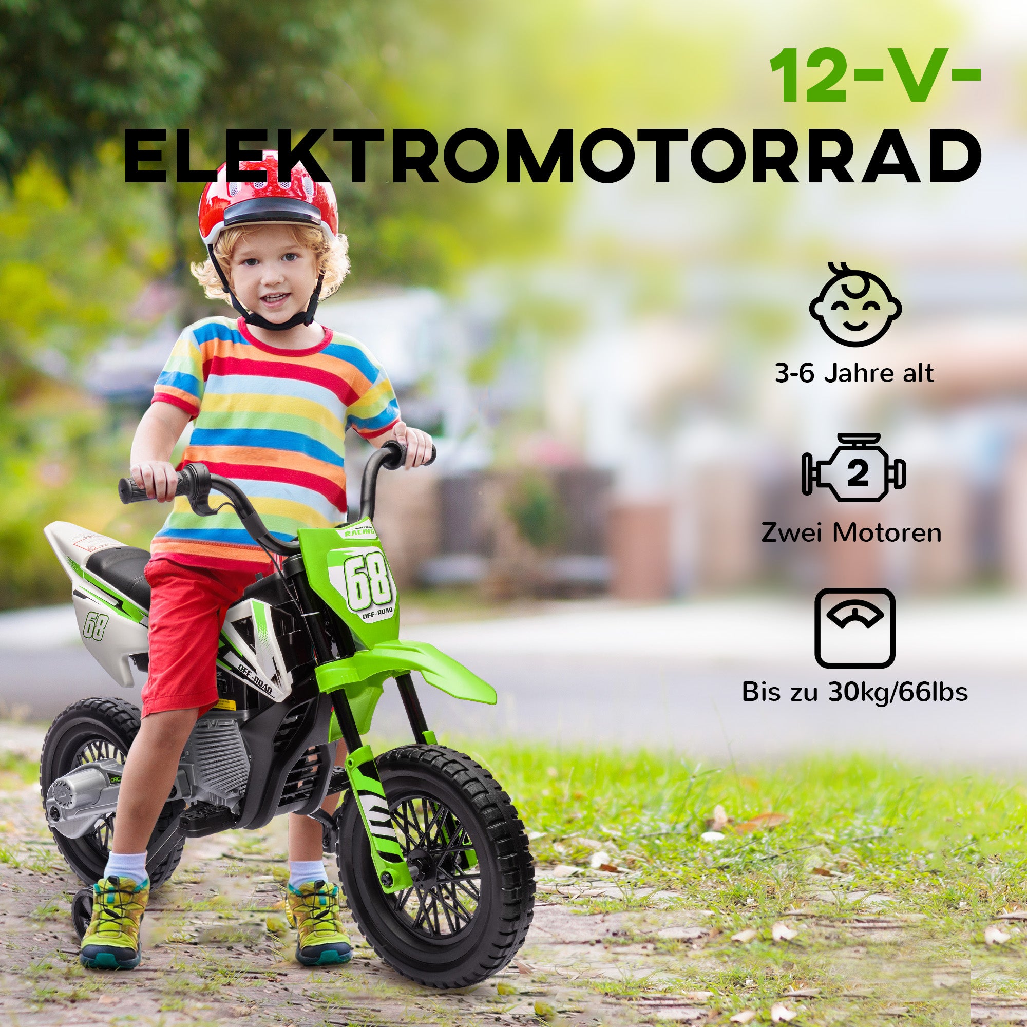 AIYAPLAY Elektro-Motorrad für Kinder, 12V Kindermotorrad mit Musik, Kinderfahrzeug mit Trainingsrädern, 3-6 Jahre, Grün
