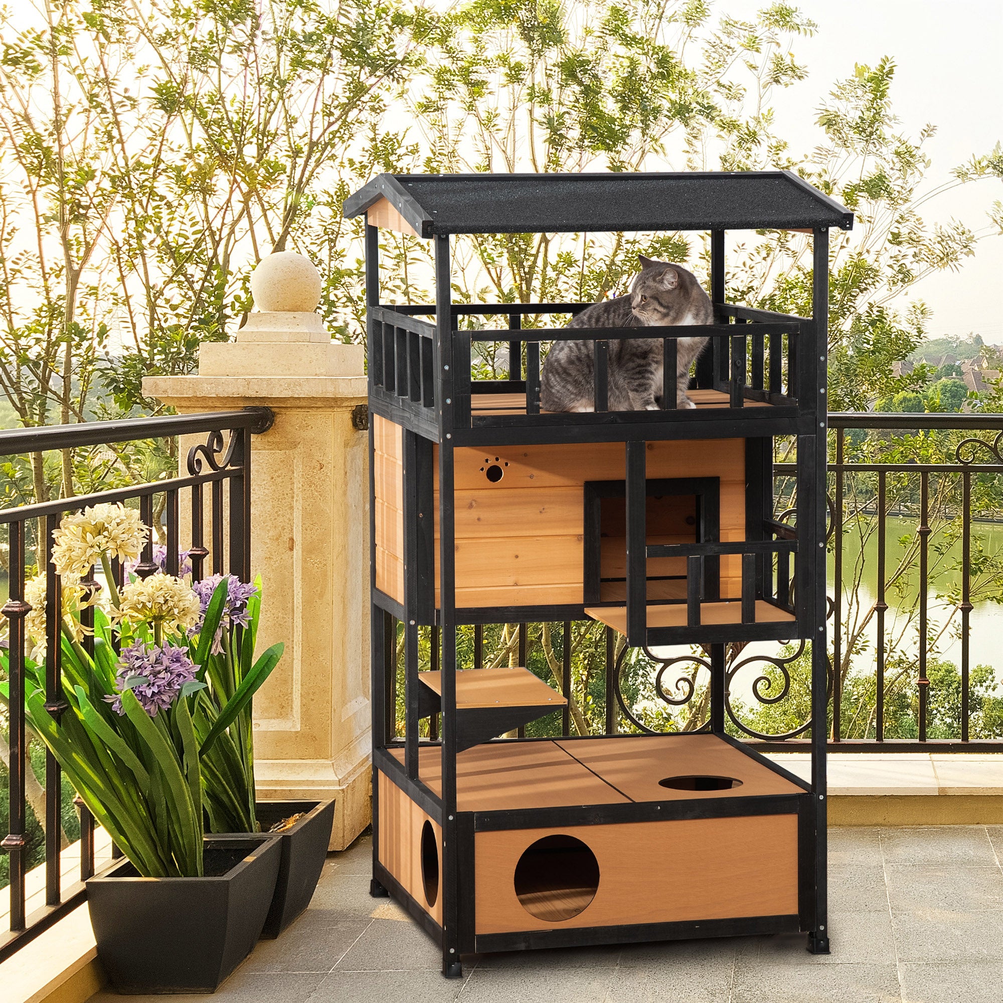 PawHut Katzenhaus Katzenhütte Outdoor Katzenhaus, wetterbeständig, 75,5 cm x 75 cm x 137 cm, Gelb
