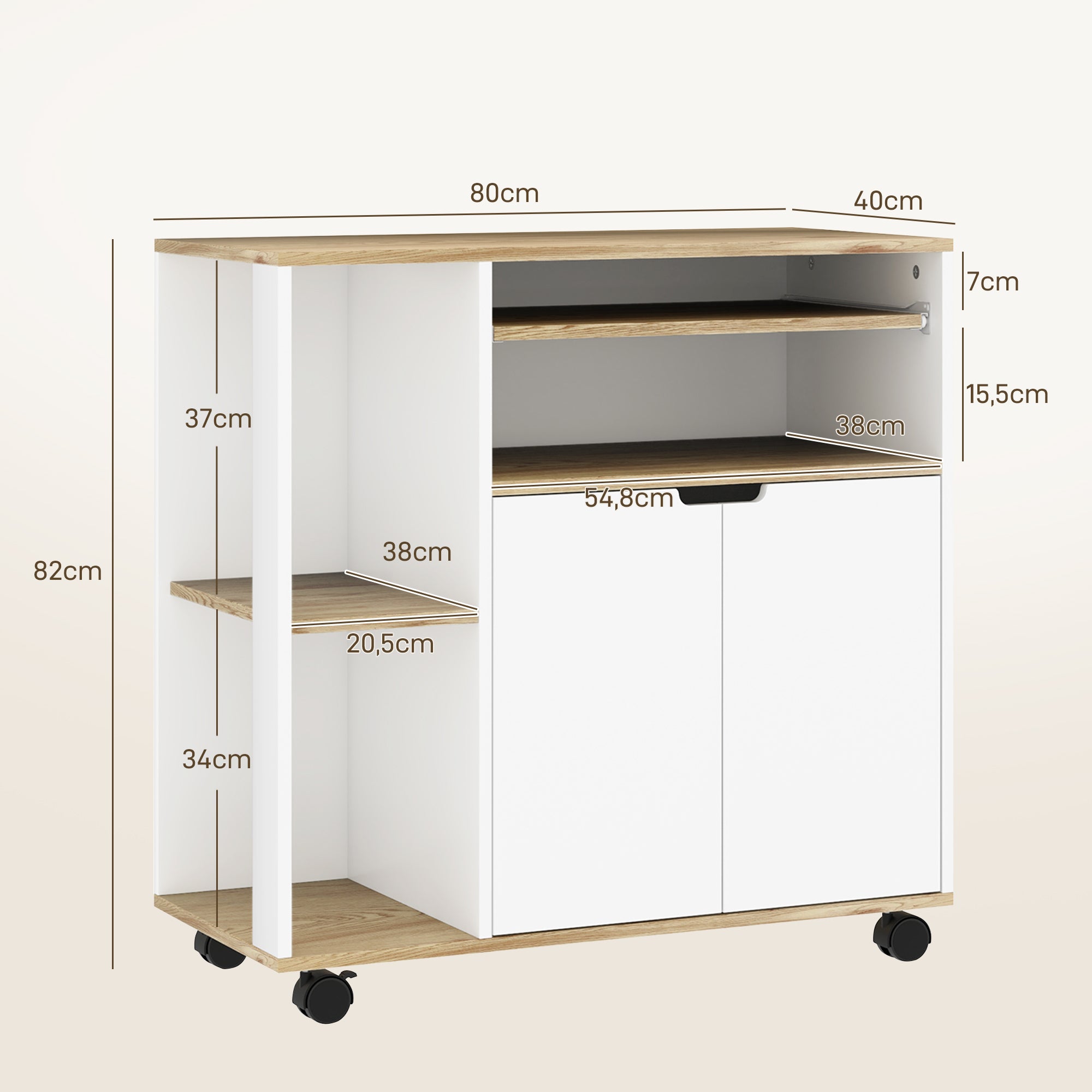 HOMCOM Rollender Küchenwagen mit Stauraum, Schrank, verstellbare Regale, für Küche, Wohnzimmer, Esszimmer, Weiß