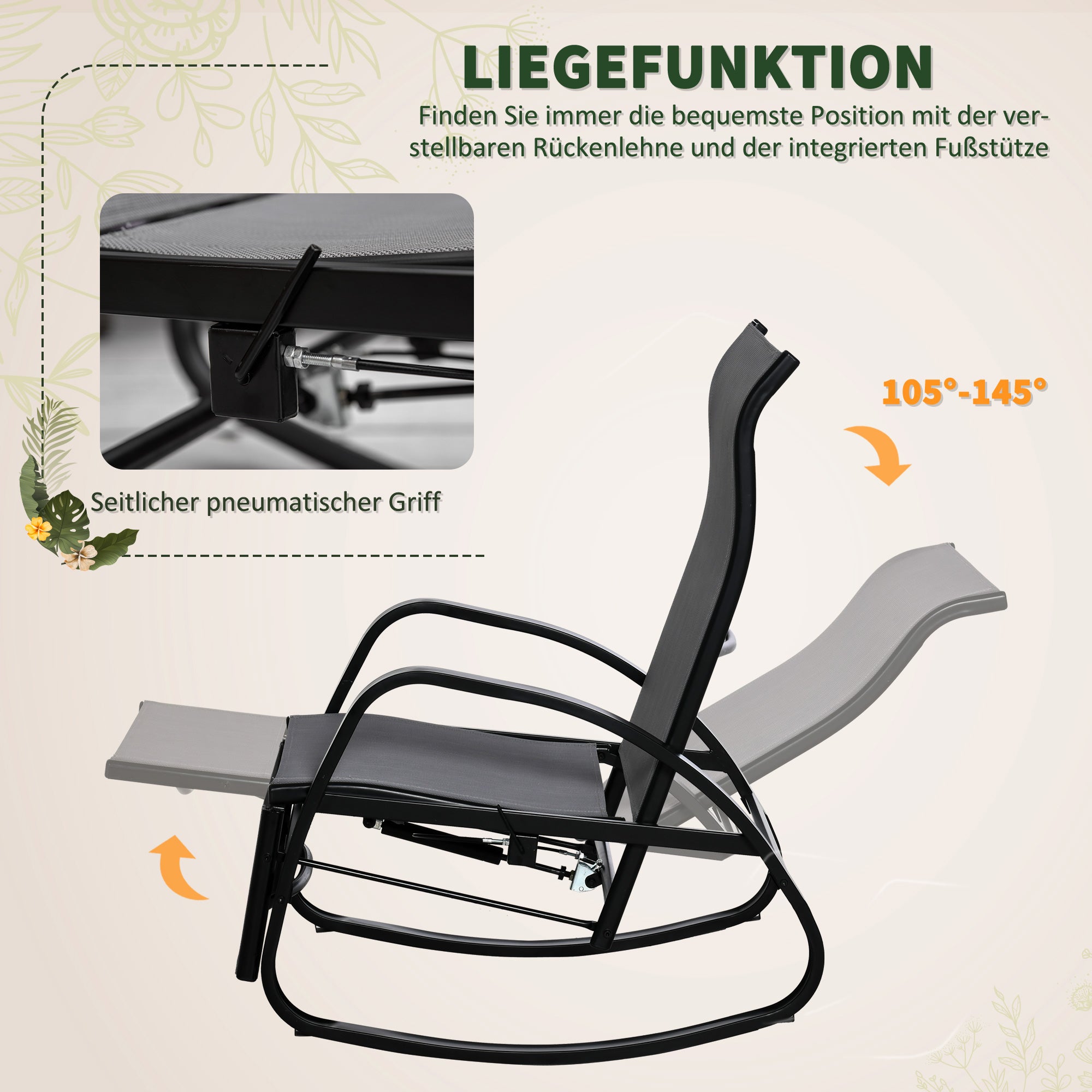 Outsunny Schaukelstuhl Schaukelliege mit Rückenlehne Fußstütze verstellbar Gartenliege Schwungliege bis 160 kg belastbar Texteline Grau 90 x 64 x 96,5 cm