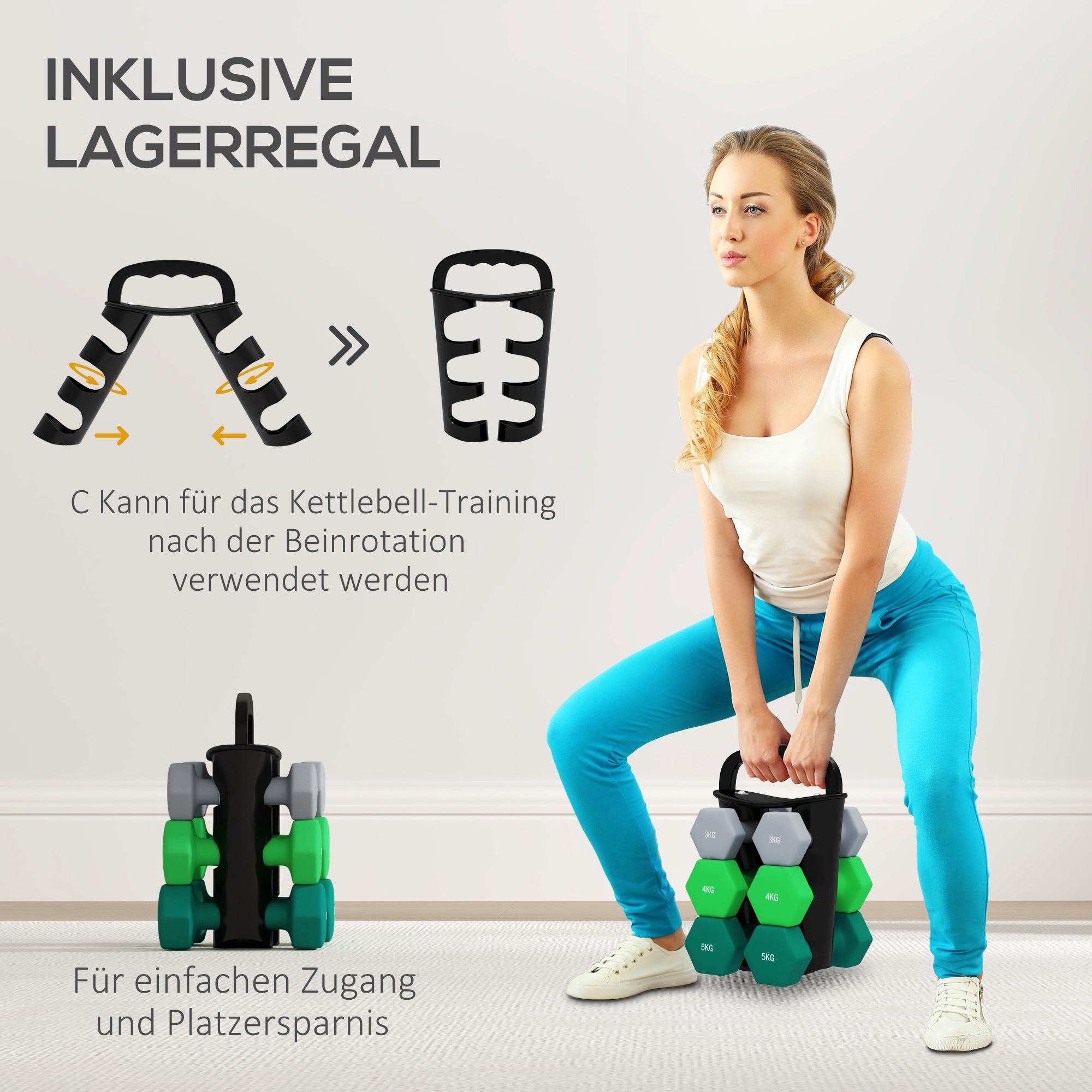 SPORTNOW Hantelset mit Aufbewahrungsgestell, Set mit 6 Hanteln für Fitness-Training, 2 x 3kg, 2 x 4kg, 2 x 5kg