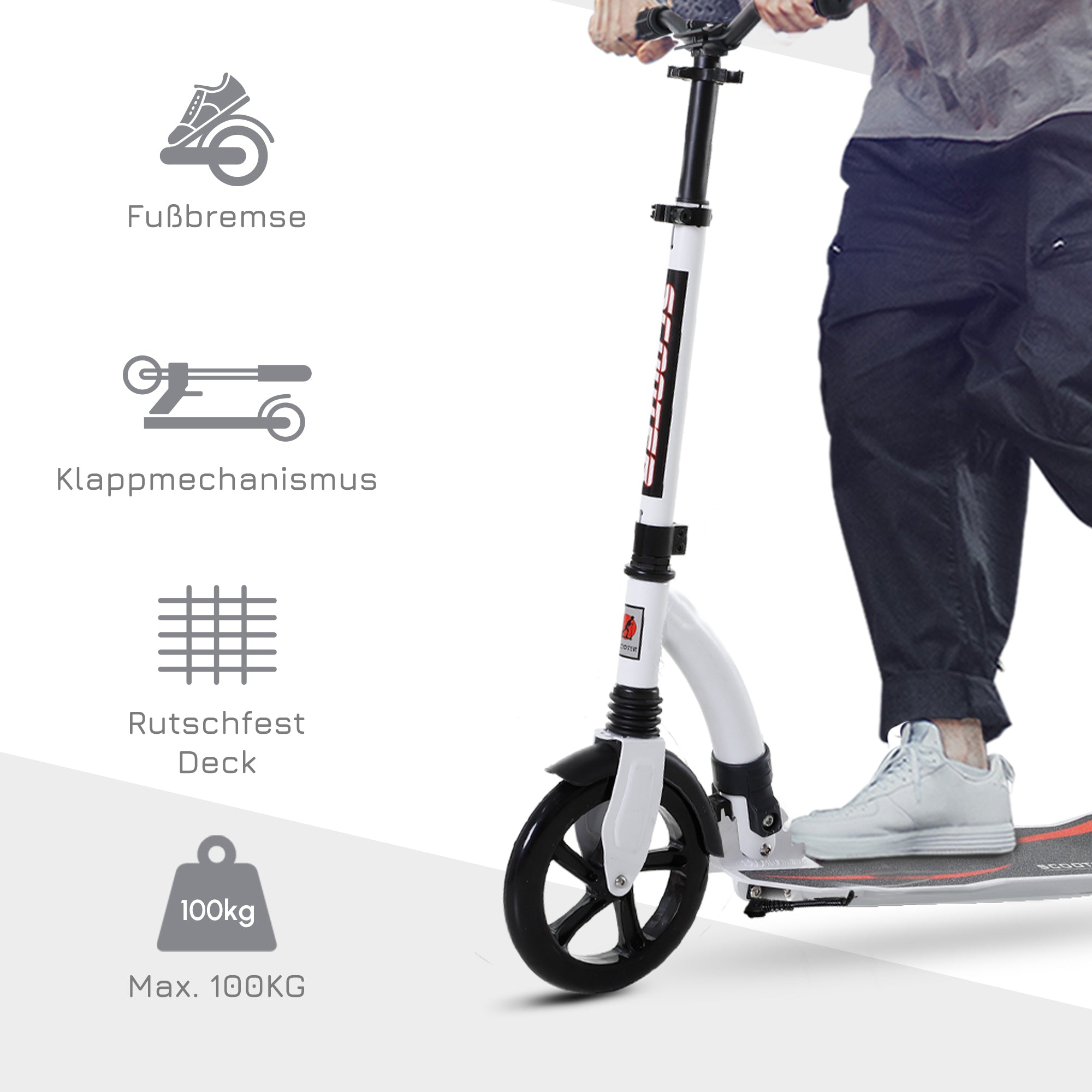 HOMCOM Kinderscooter, Kickscooter mit Stoßdämpfung, Tretroller, Klappbar und Höheverstellbar, ab 14 Jahren, Aluminium, Weiß, 92,5 x 37,5 x 82-97 cm
