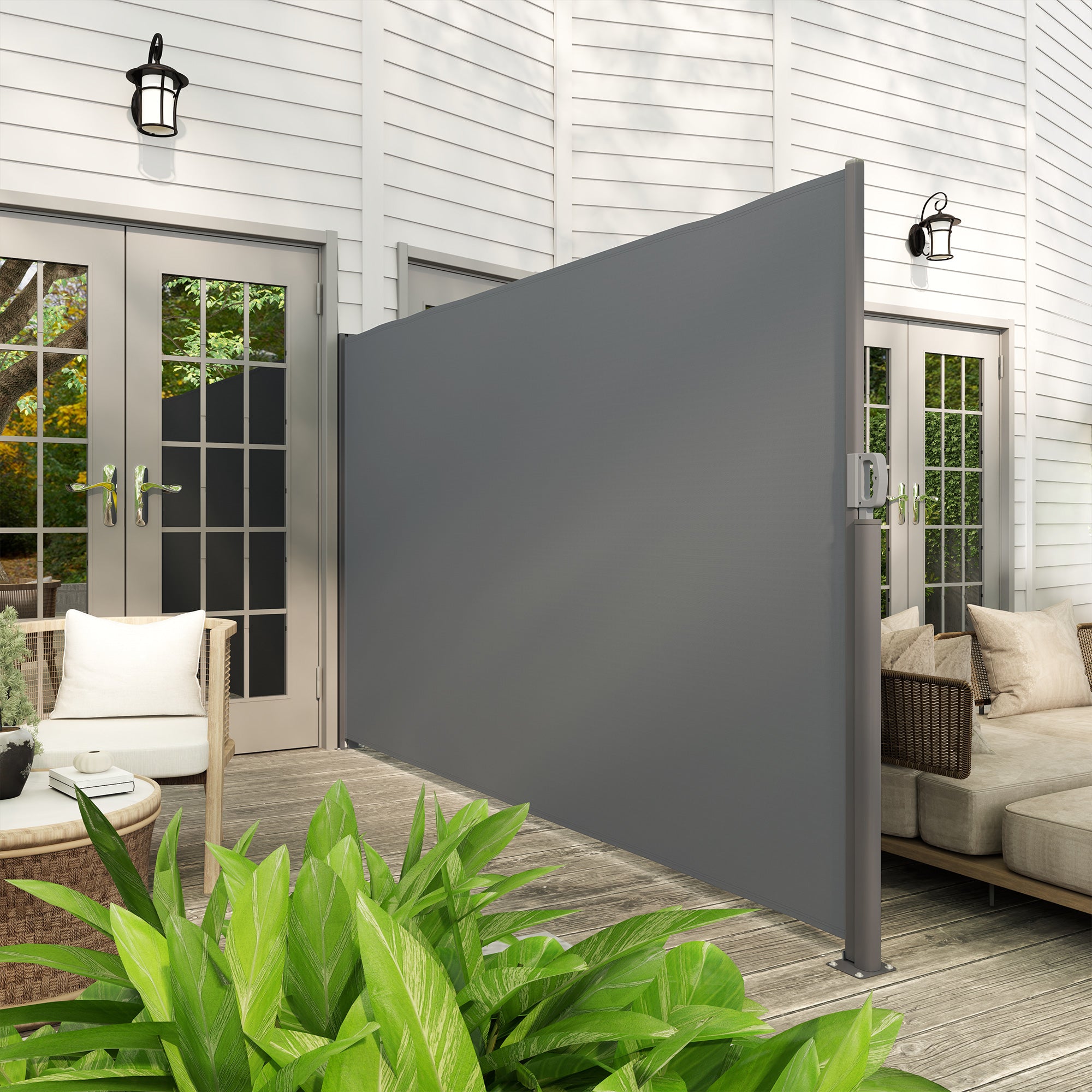 Outsunny Seitenmarkise ausziehbar blickdicht Sichtschutz mit Wandhalterung Beschichtung 300x180cm Dunkelgrau