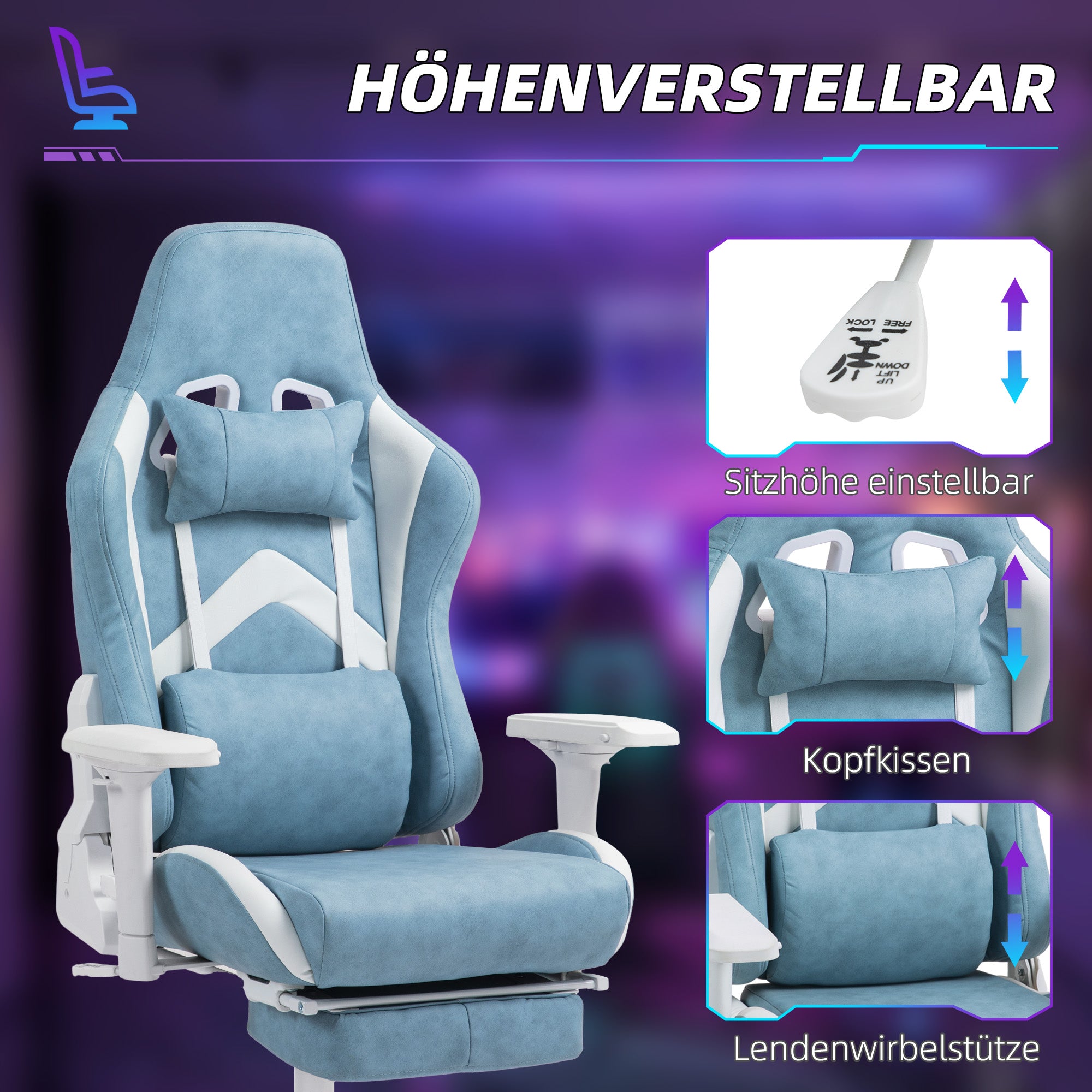 HOMCOM Gaming-Sessel, verstellbare Armlehnen & Rückenlehne, Kunstlederbezug, bis 120 kg, Blau
