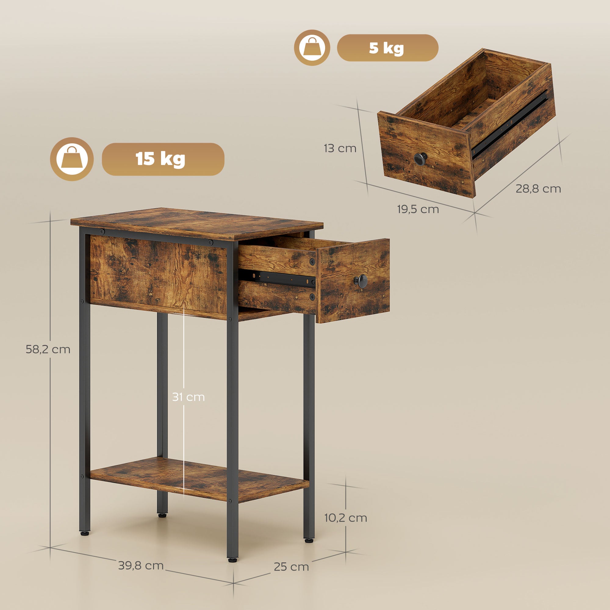 HOMCOM Beistelltisch mit offenem Fach und Schublade, Nachttisch, Metallbeine, Holz, Braun