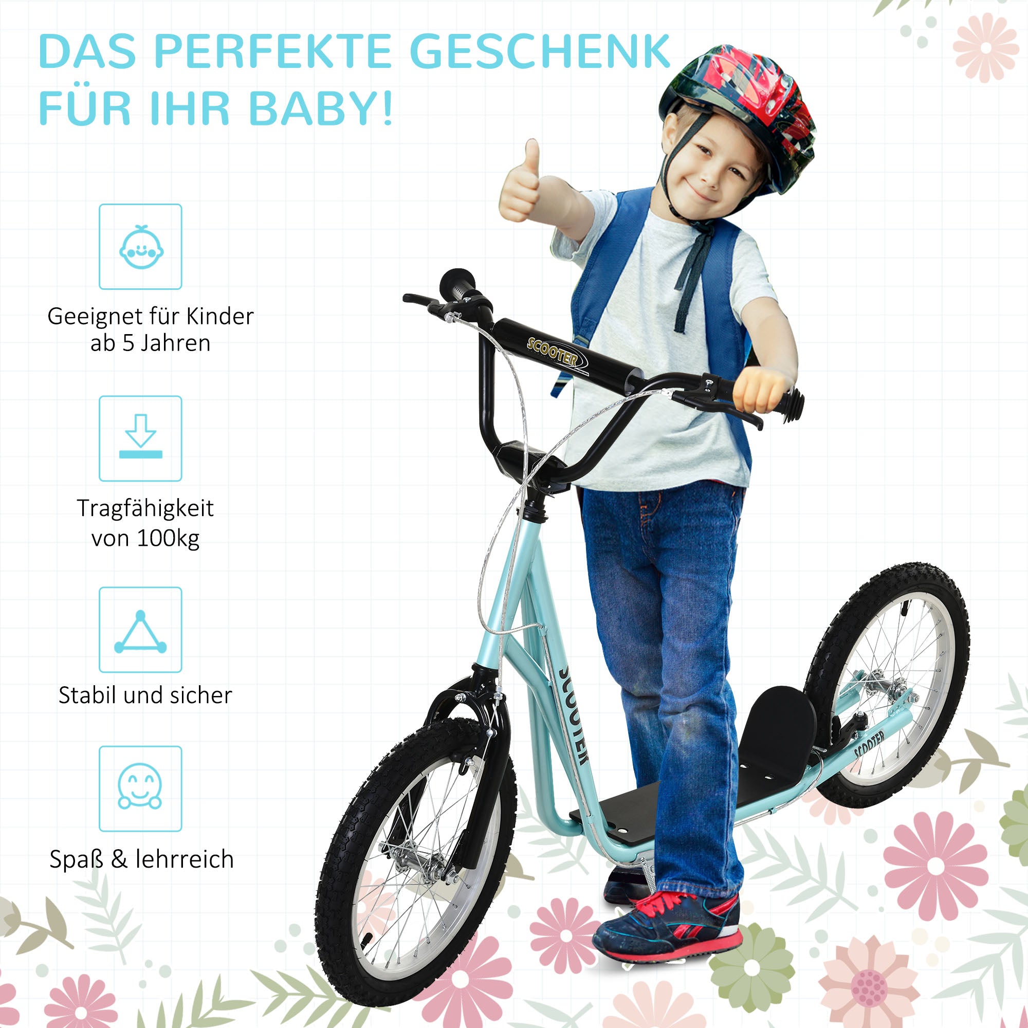 HOMCOM Kinderscooter mit Bremse höhenverstellbar Leichtbau Hellblau