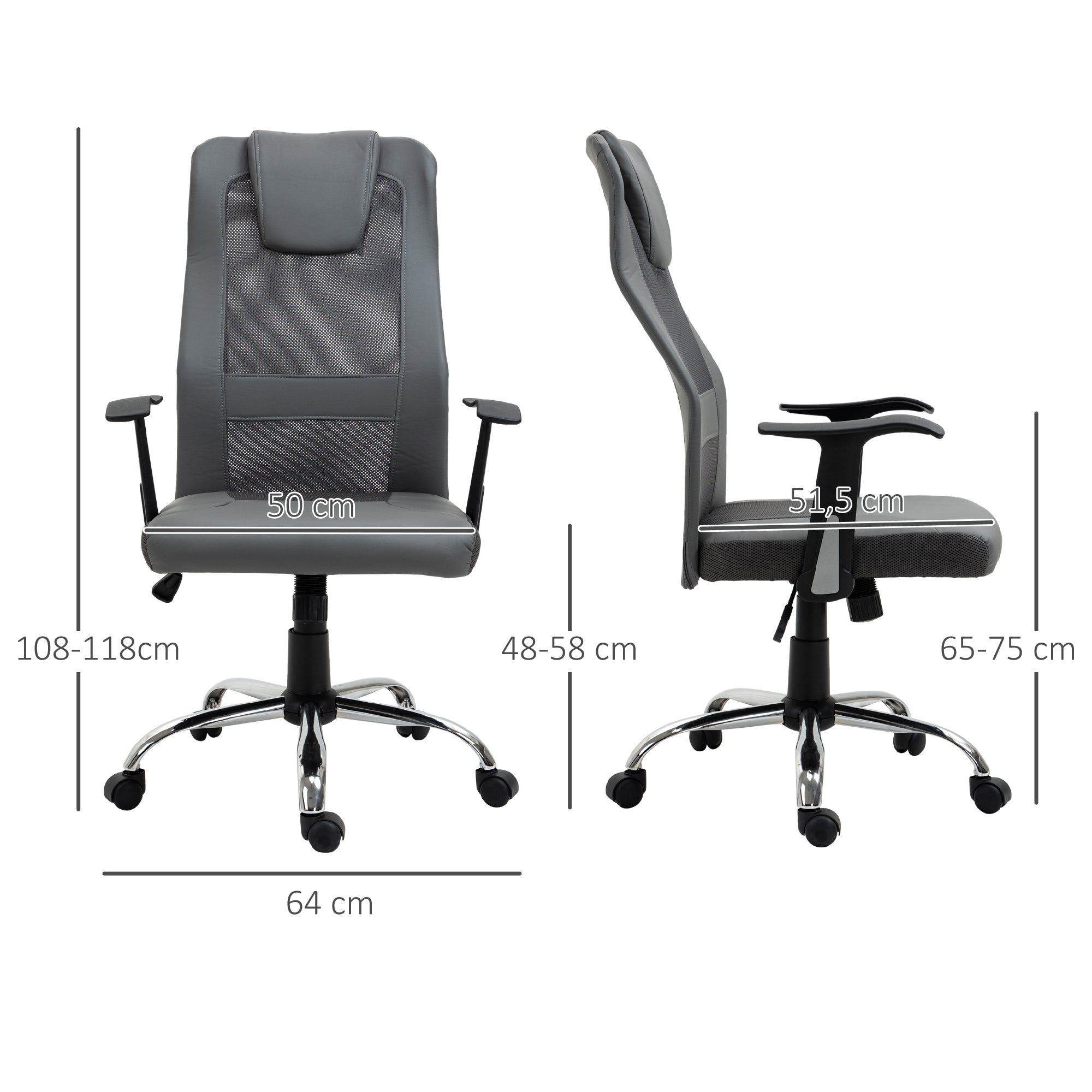 Vinsetto Bürostuhl Drehstuhl höhenverstellbar Chefsessel Schreibtischstuhl ergonomisch Kunstleder Grau 66 x 73 x 108-118 cm