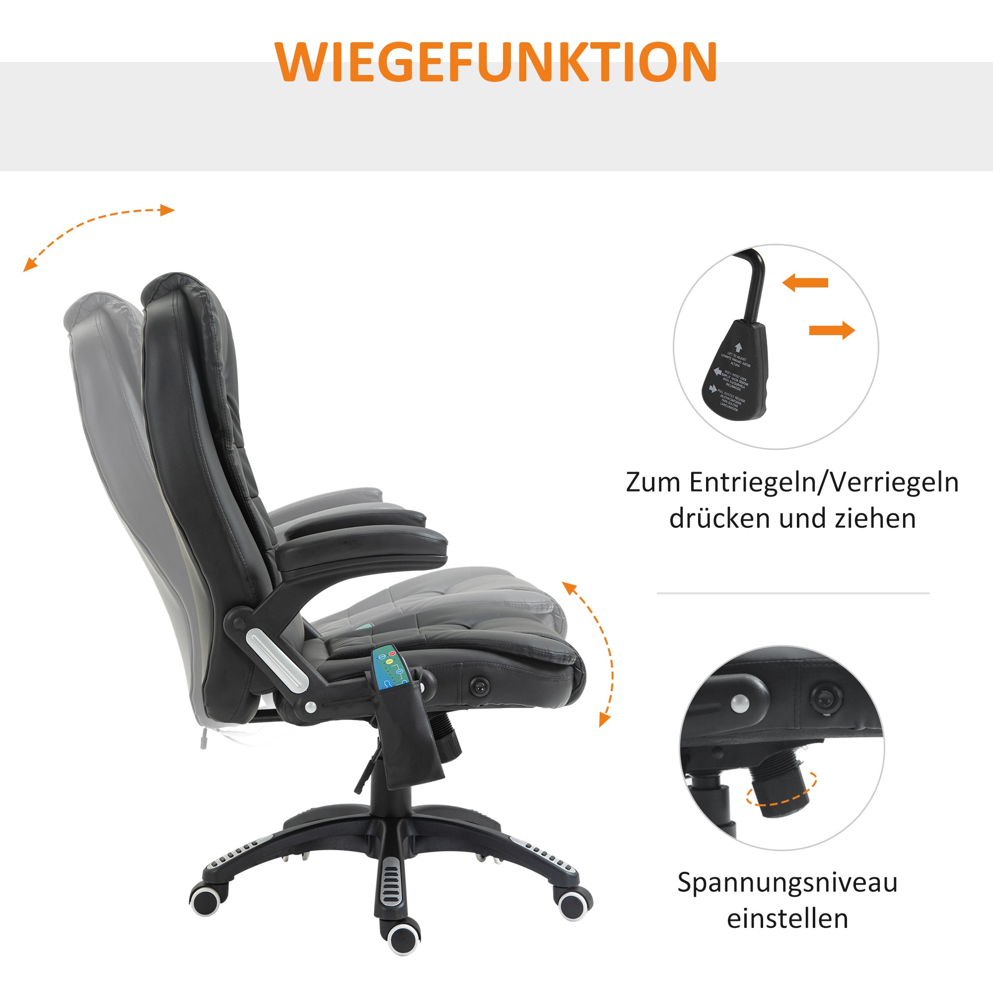 HOMCOM Massagesessel Bürostuhl, Chefsessel mit 6-Punkt-Vibrationsmassage und Wärmefunktion, drehbar Gaming-Stuhl, Kunstleder, 70 x 70 x 111–121 cm, Schwarz