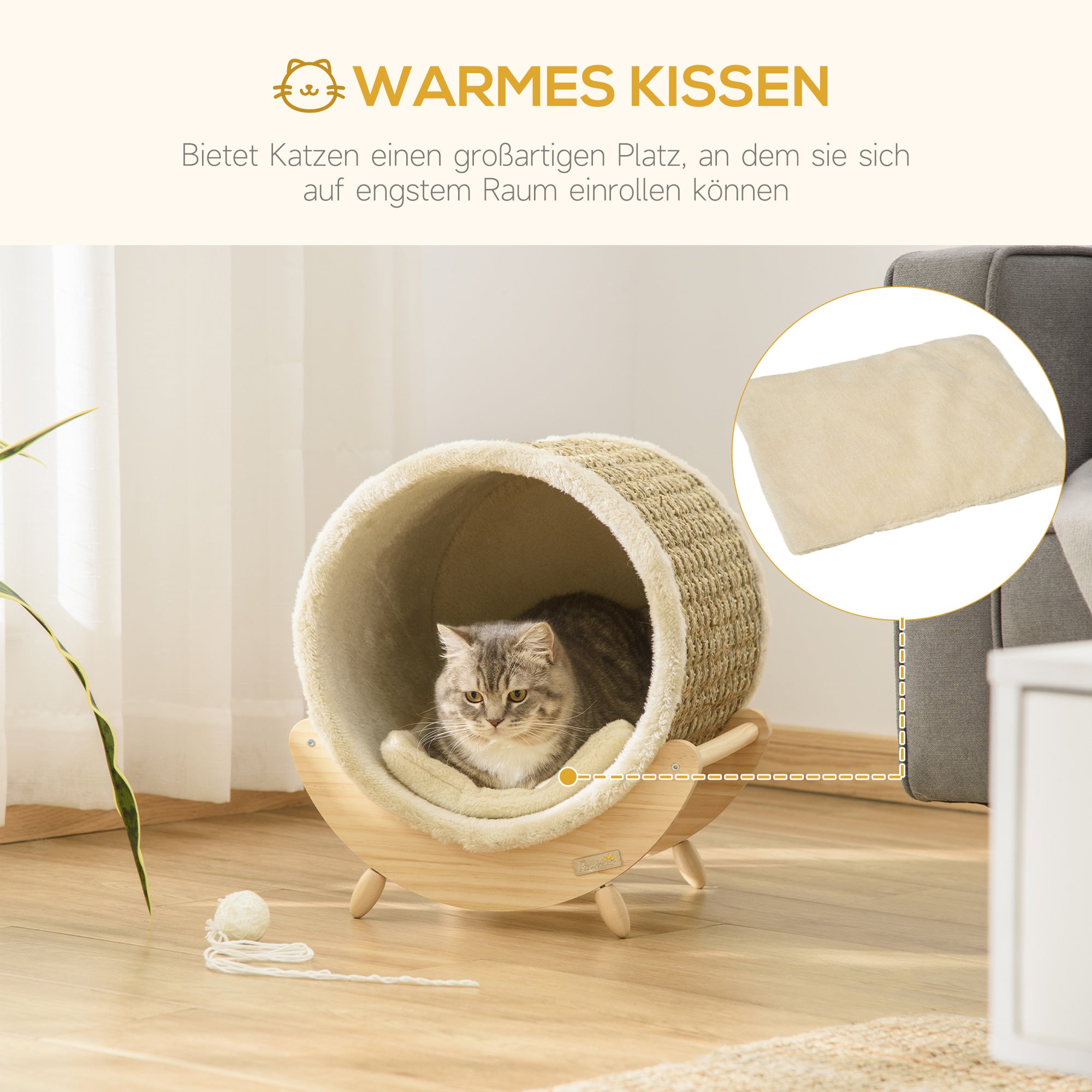 PawHut Katzenhöhle mit Kratzfläche inkl. Kissen, Kratztonne, 41 cm x 38 cm x 43 cm, Natur + Beige