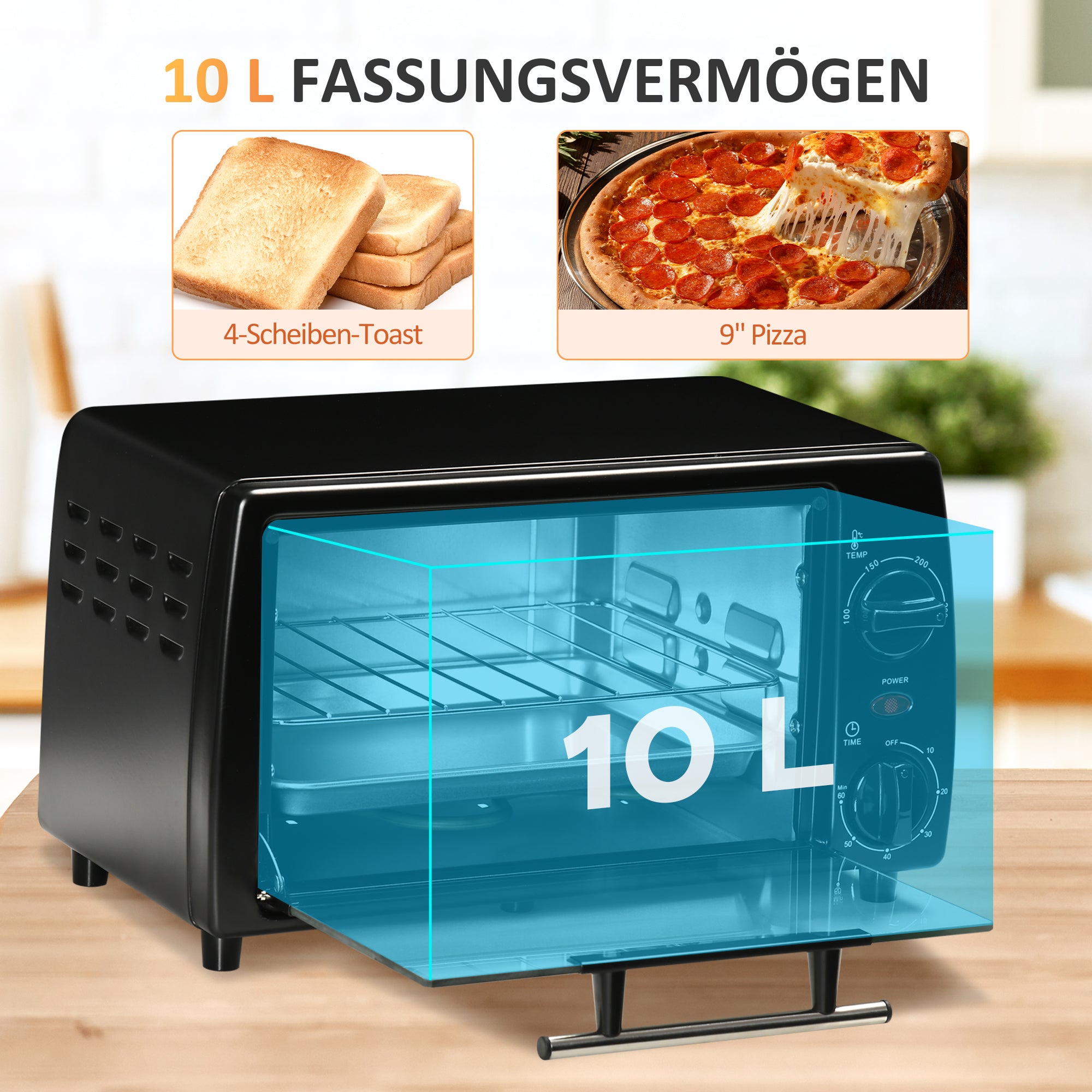 HOMCOM Mini-Ofen Toasterofen, 1 Backblech, 1 Grilrost, 10 L Kapazität, Timer-Funktion, 36.5 cm x 26 cm x 22 cm, Schwarz