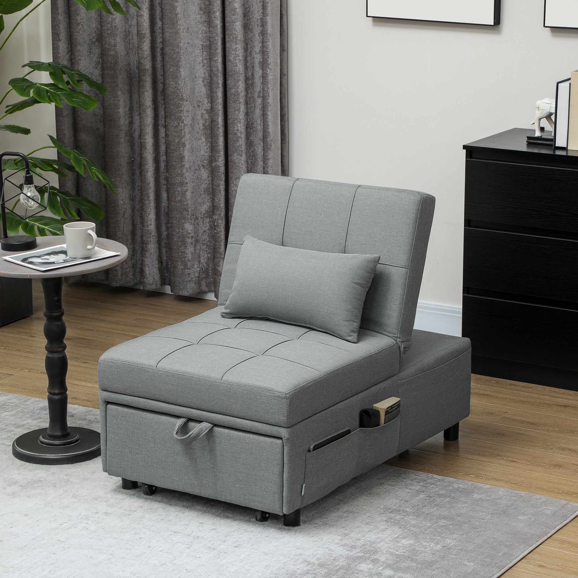 HOMCOM 3-in-1 Klappsessel mit Seitentasche, Gästebett mit Kissen, Verstellbarer Rückenlehne, Bettsessel mit Rollen, Hellgrau