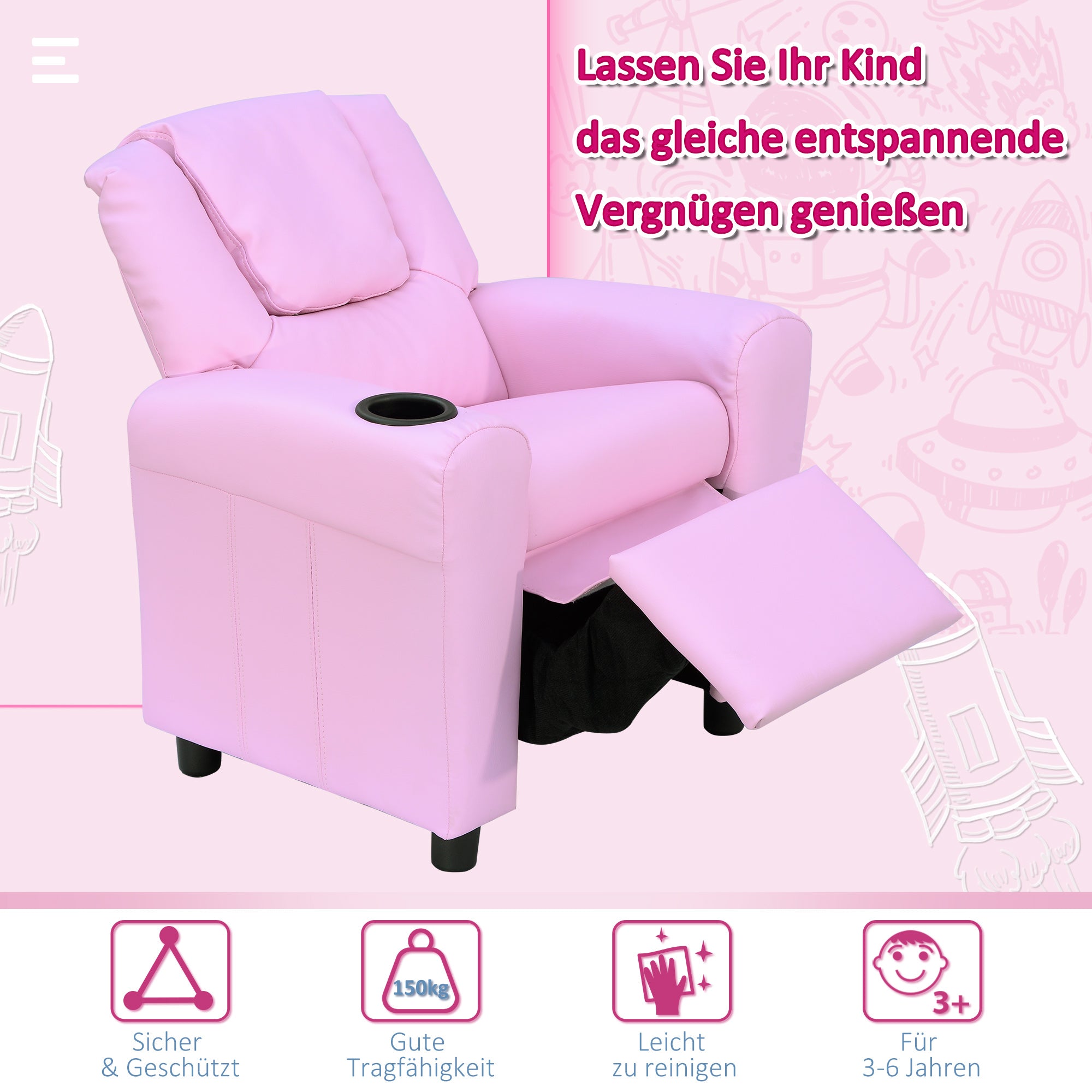 HOMCOM Kindersessel, Minisessel, Kindersofa für 3-6 Jahre alt, Liegefunktion, Eingebauten Becherhalter, Rosa, 62 x 56 x 69 cm