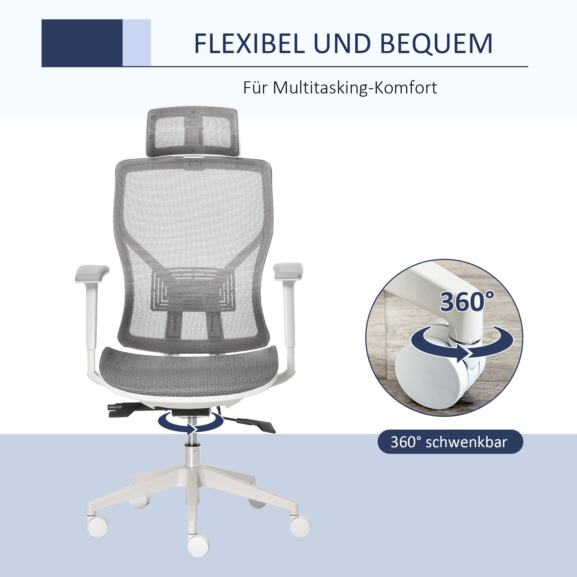 Vinsetto Bürostuhl Schreibtischstuhl Drehstuhl Gamingstuhl mit Kopflehne Lendenkissen 3D-Armlehne 3 Stufen 360°-Drehräder höhenverstellbar ergonomisch Mesh-Stoff Schaumstoff Grau 67 x 65 x 120-128 cm