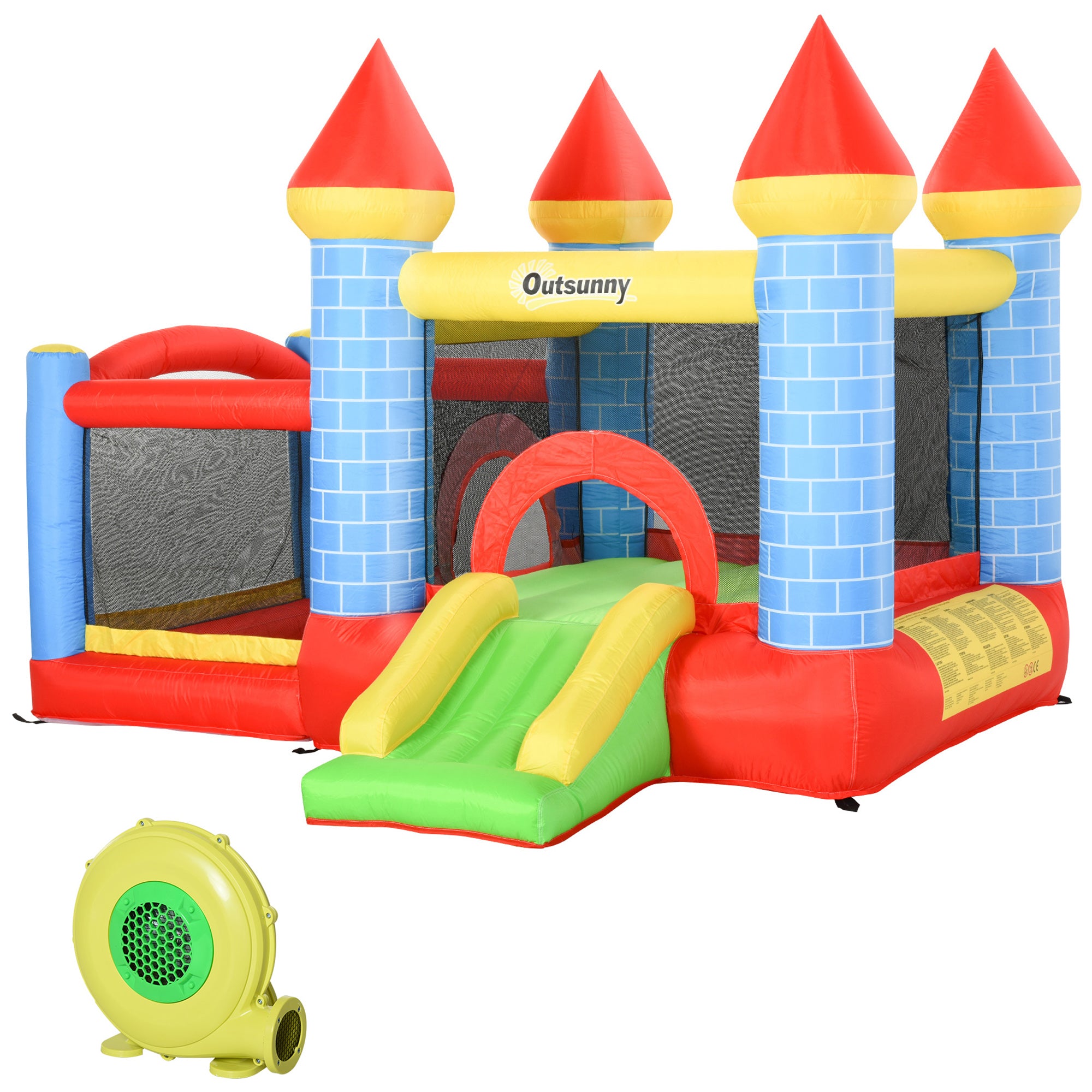 Outsunny Aufblasbare Hüpfburg mit Rutsche Pool für 3 Kinder Burg mit Gebläse für 3-8 Jahre Rot+Blau+Grün 280 x 260 x 210 cm