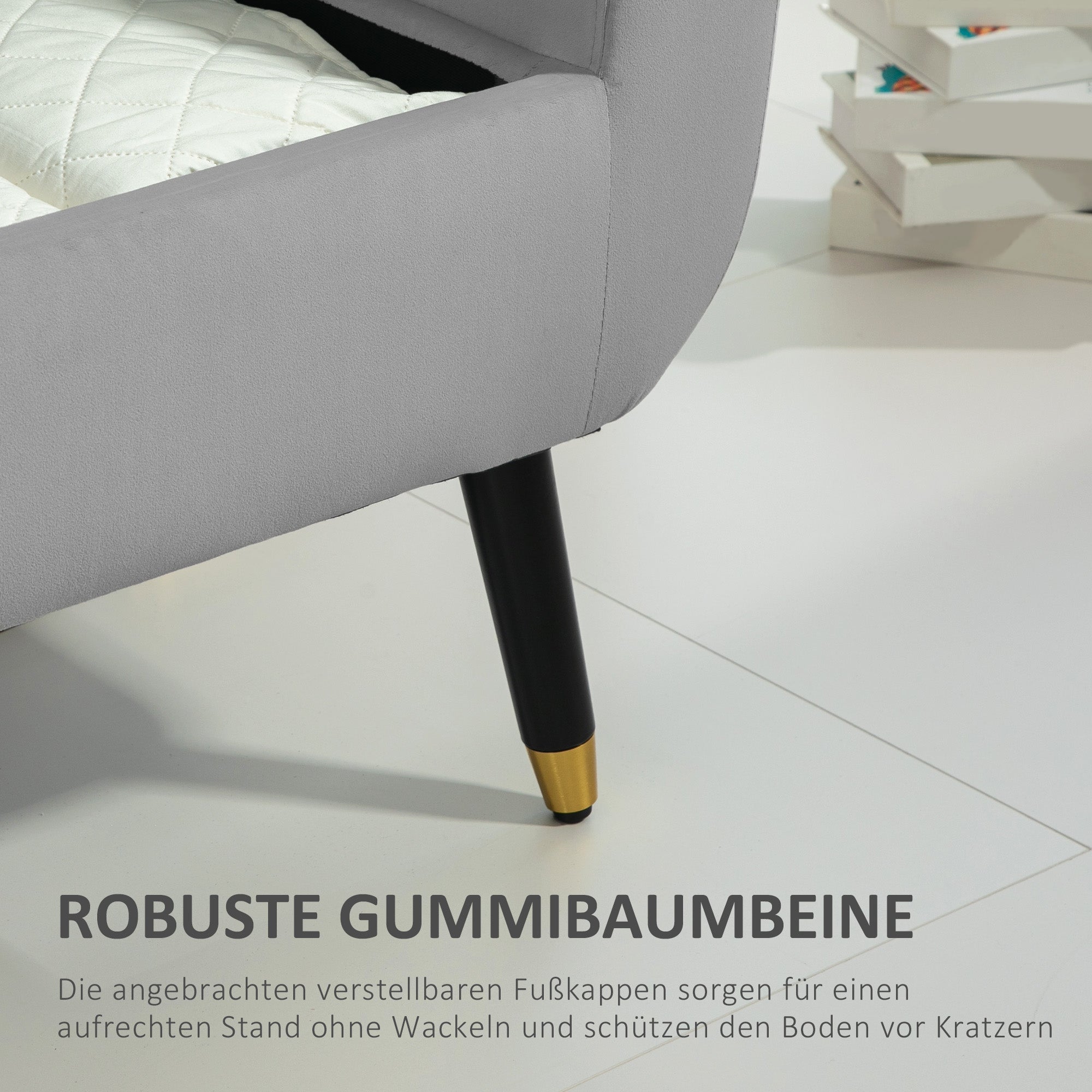 HOMCOM Sitzbank mit Stauraum und Armlehnen, Truhenbank, samtartiges Polyester, Kautschukholz, Hellgrau, 107 x 42 x 65 cm