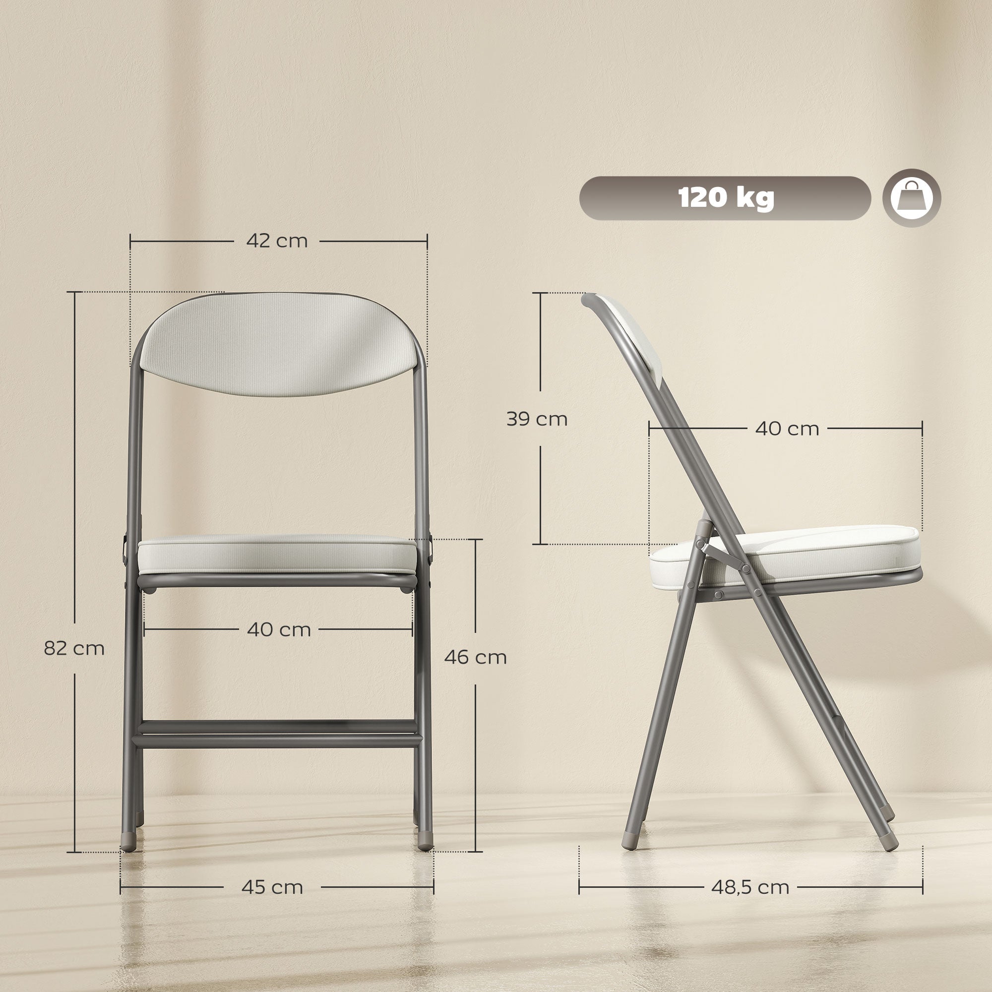 HOMCOM 4er-Set gepolsterte Klappstühle, Faltbare Stühle mit Cordbezug, Rückenlehne, Metallrahmen, Cremeweiß