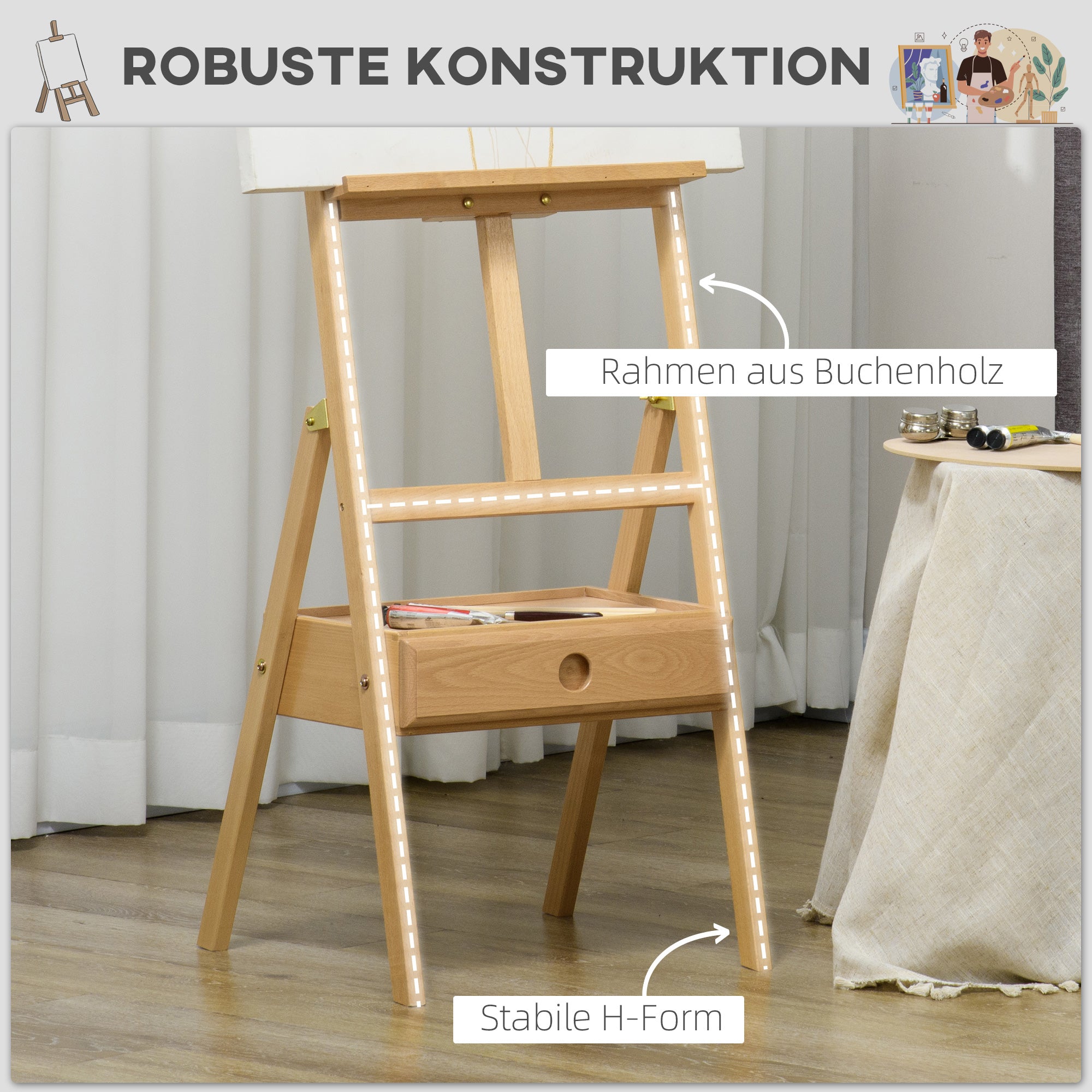 Vinsetto Staffelei, Künstlerstaffelei, Höhenverstellbar, 1Schublade, Natur + Schwarz