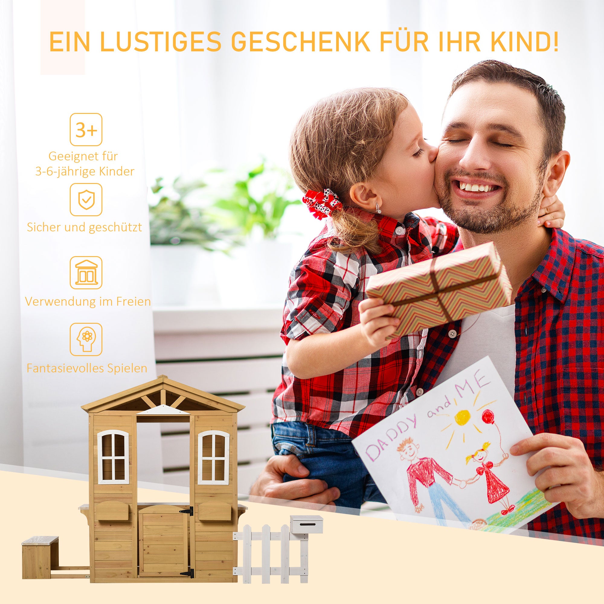 Outsunny Kinderspielhaus aus Holz Spielhaus Outdoor mit Tür, Fenster und Pflanzkasten Briefkasten Bank für Kinder 3-6 Jahre