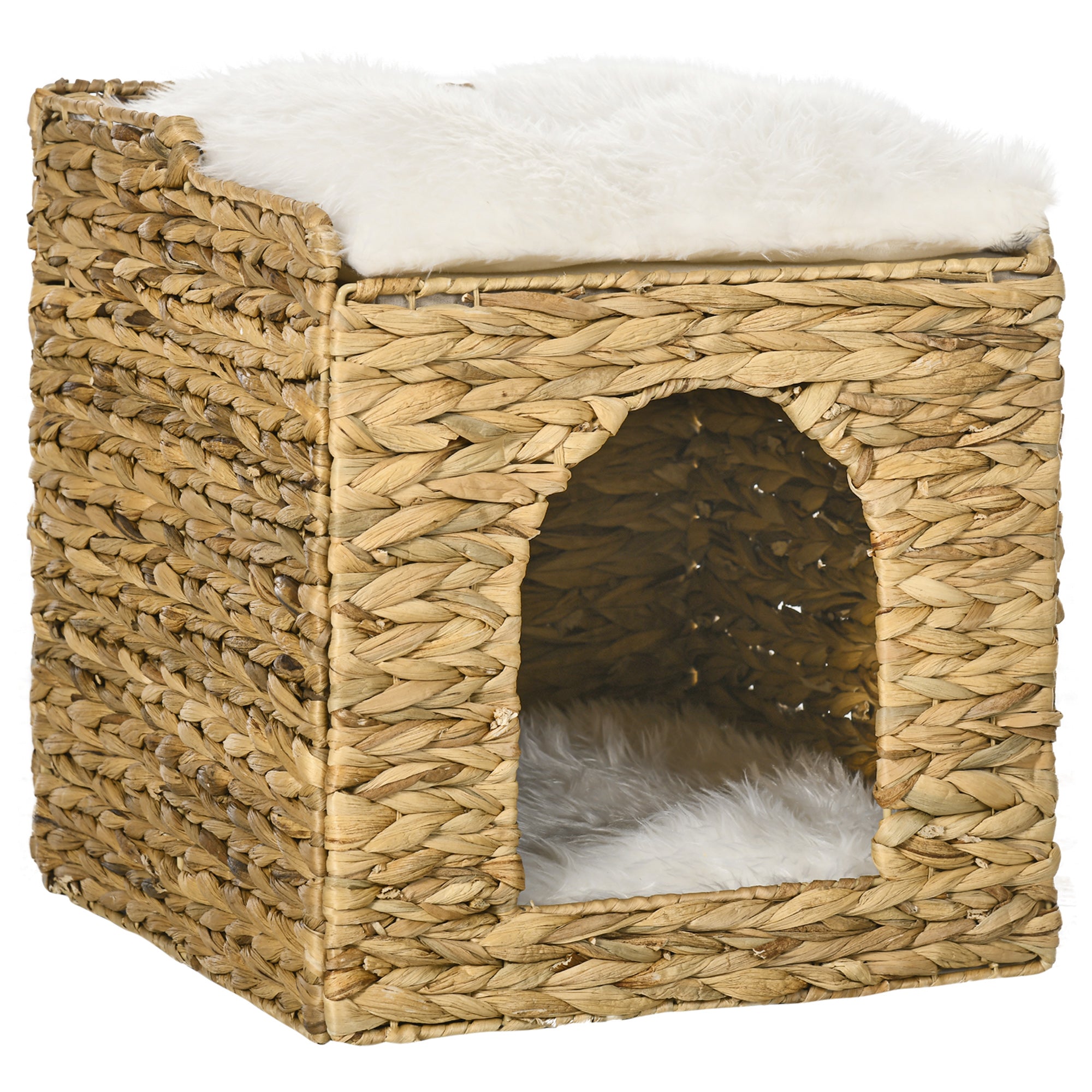 PawHut Katzenhöhle aus Wasserhyazinthen-Gras, 2 Liegefläche, 2 waschbare Kissen, Natur + Weiß