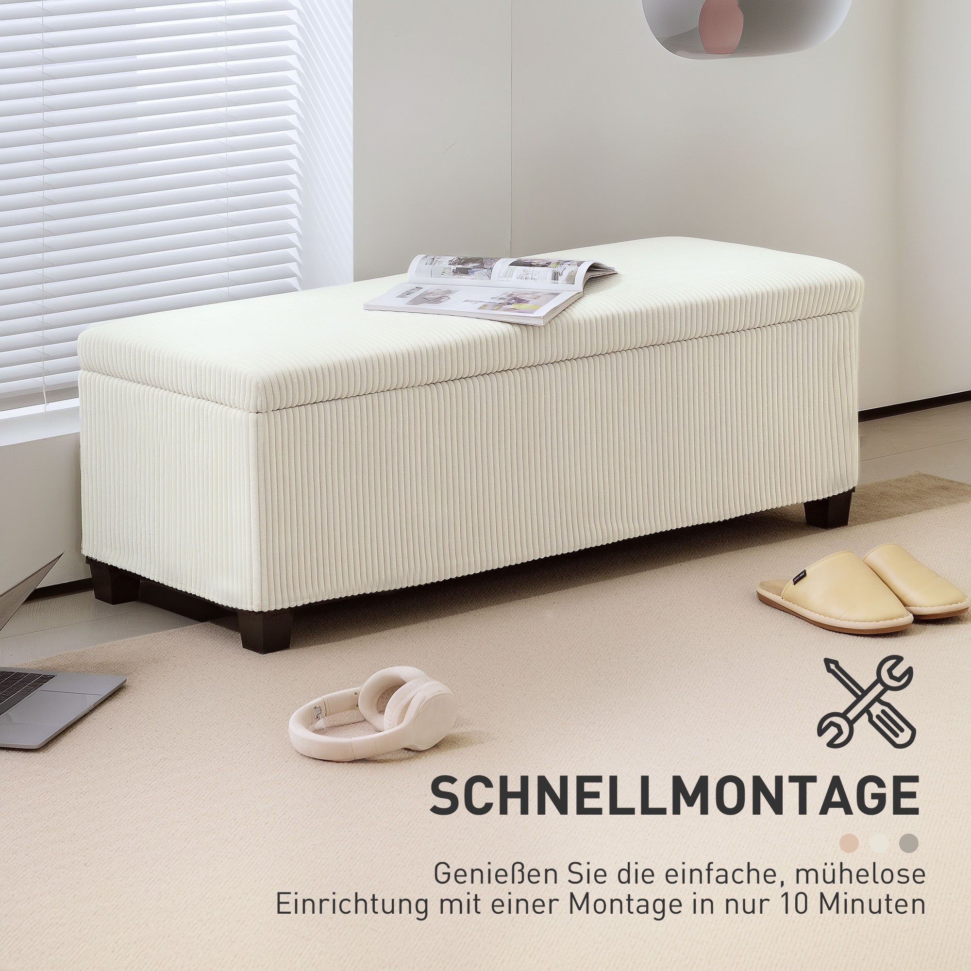HOMCOM Sitzbank mit Stauraum, Aufbewahrungsbank, Cord-Design, Stahlrahmen, Beige