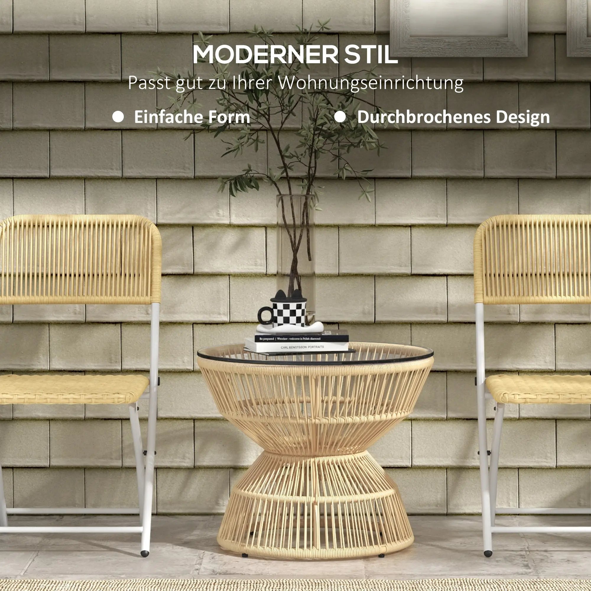 Outsunny Gartentisch Beistelltisch Boho-Stil Hartglas Rattan