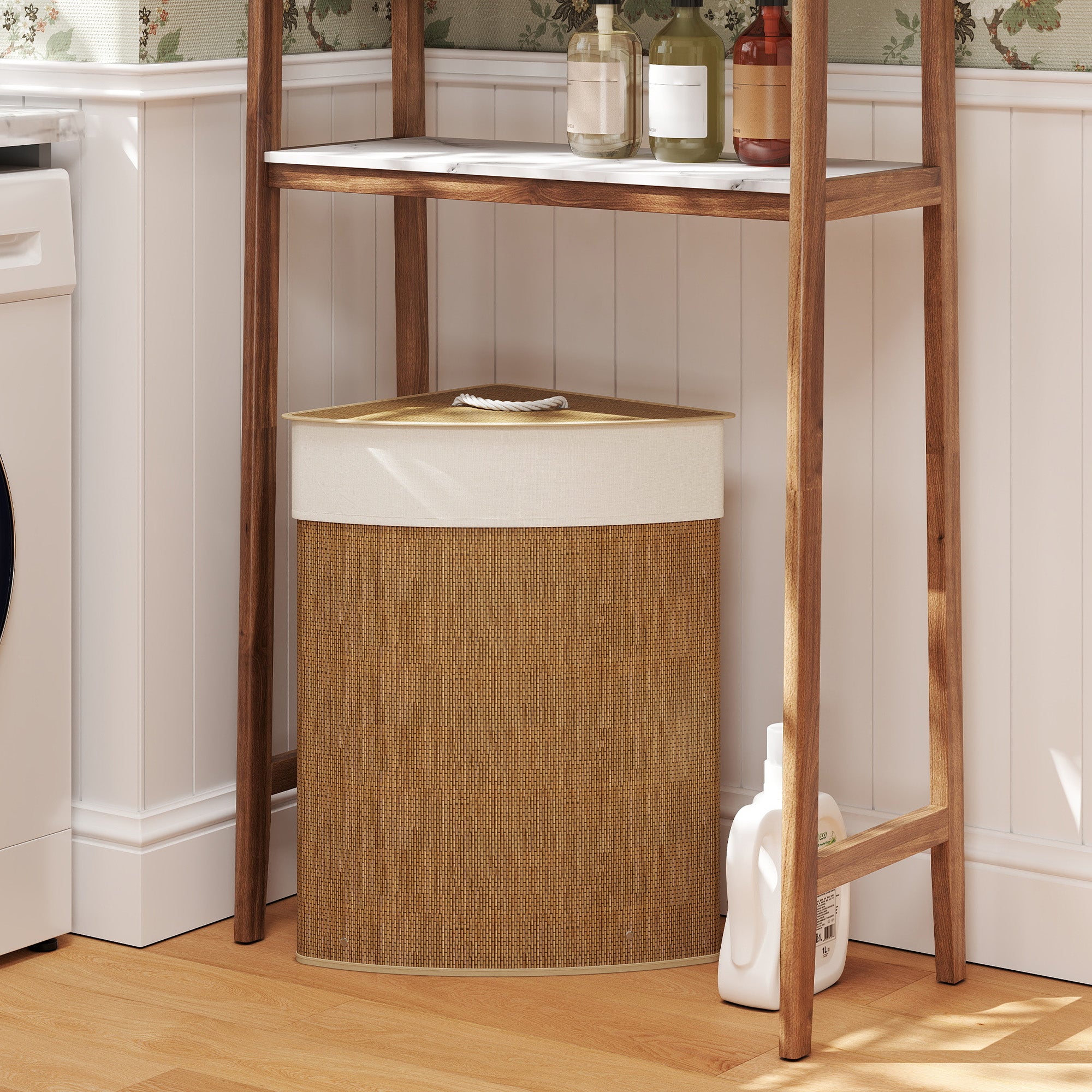 HOMCOM Wäschekorb im Eckdesign, Bambusgeflecht, 55 Liter, Stoffbeutel, Metallrahmen, Braun