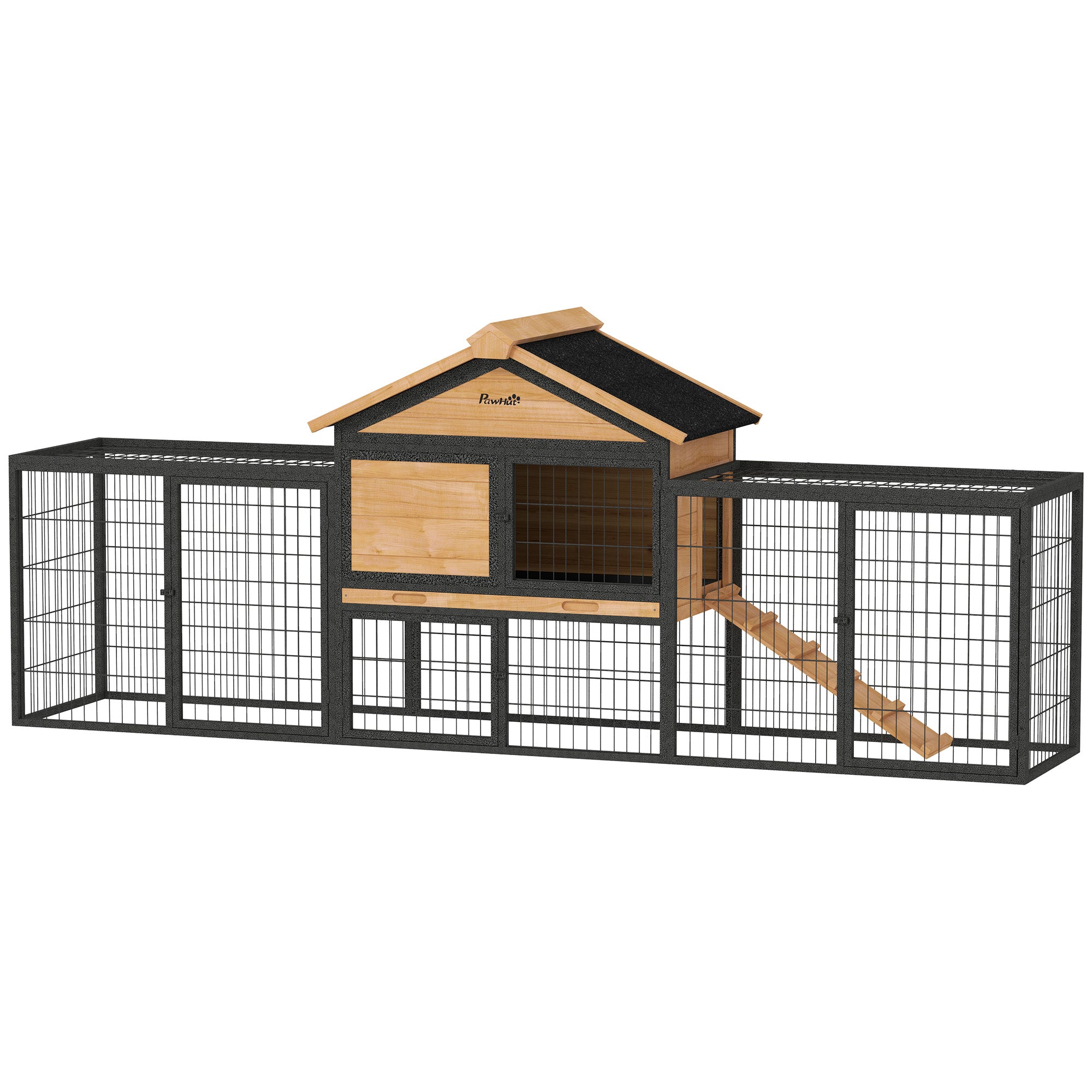 PawHut Hasenstall 2 Ebenen Kaninchenstall aus Vollholz Winterfest Doppelstockhaus mit Freilaufgehege 217x53x86 cm Gelb