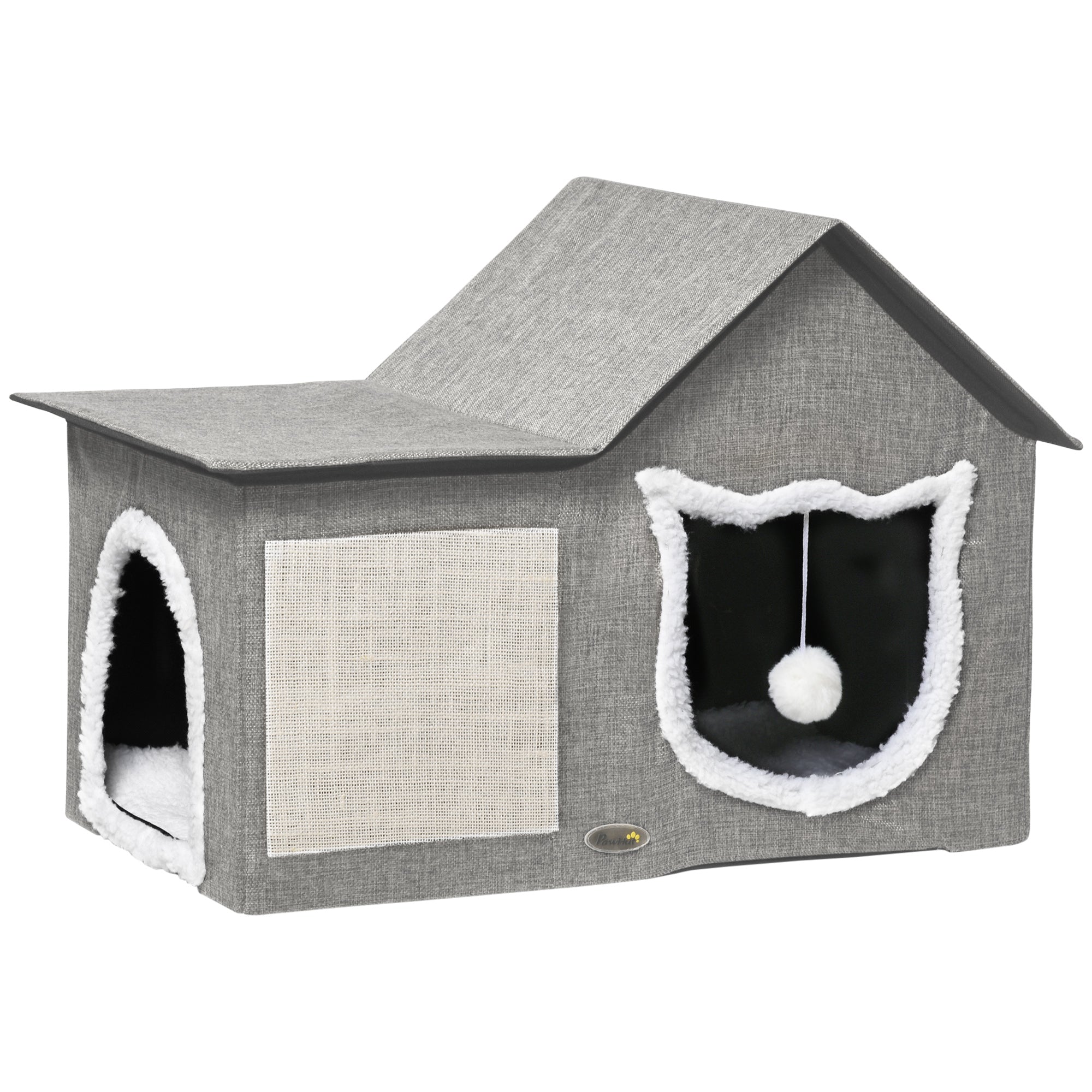 PawHut Katzenhaus mit Kratzfläche, inkl. Spielball, Katzenhöhle, 65 cm x 41 cm x 45.5H cm, Braun + Weiß + Beige