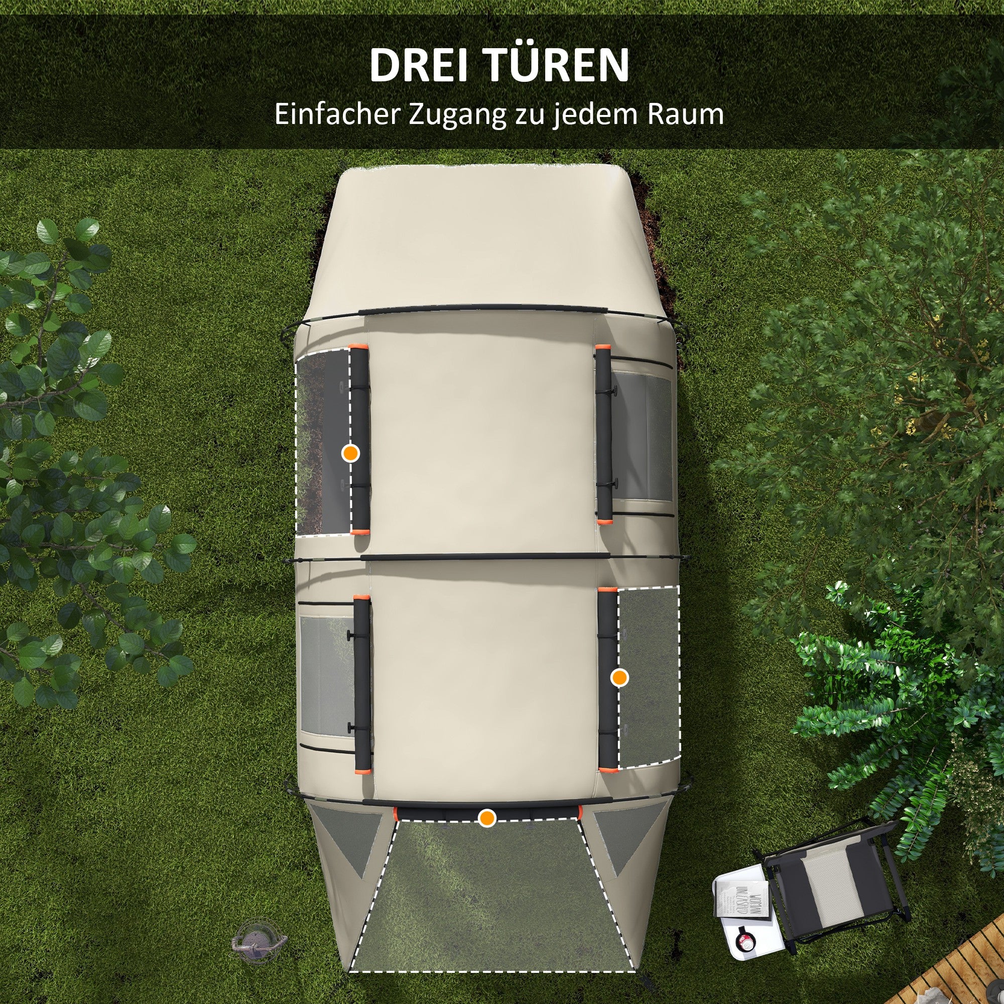 Outsunny Campingzelt für 4-5 Pers., abdunkelbare Fenster, wasserdicht, 180H x 460L x 230B cm, Khaki/Orange