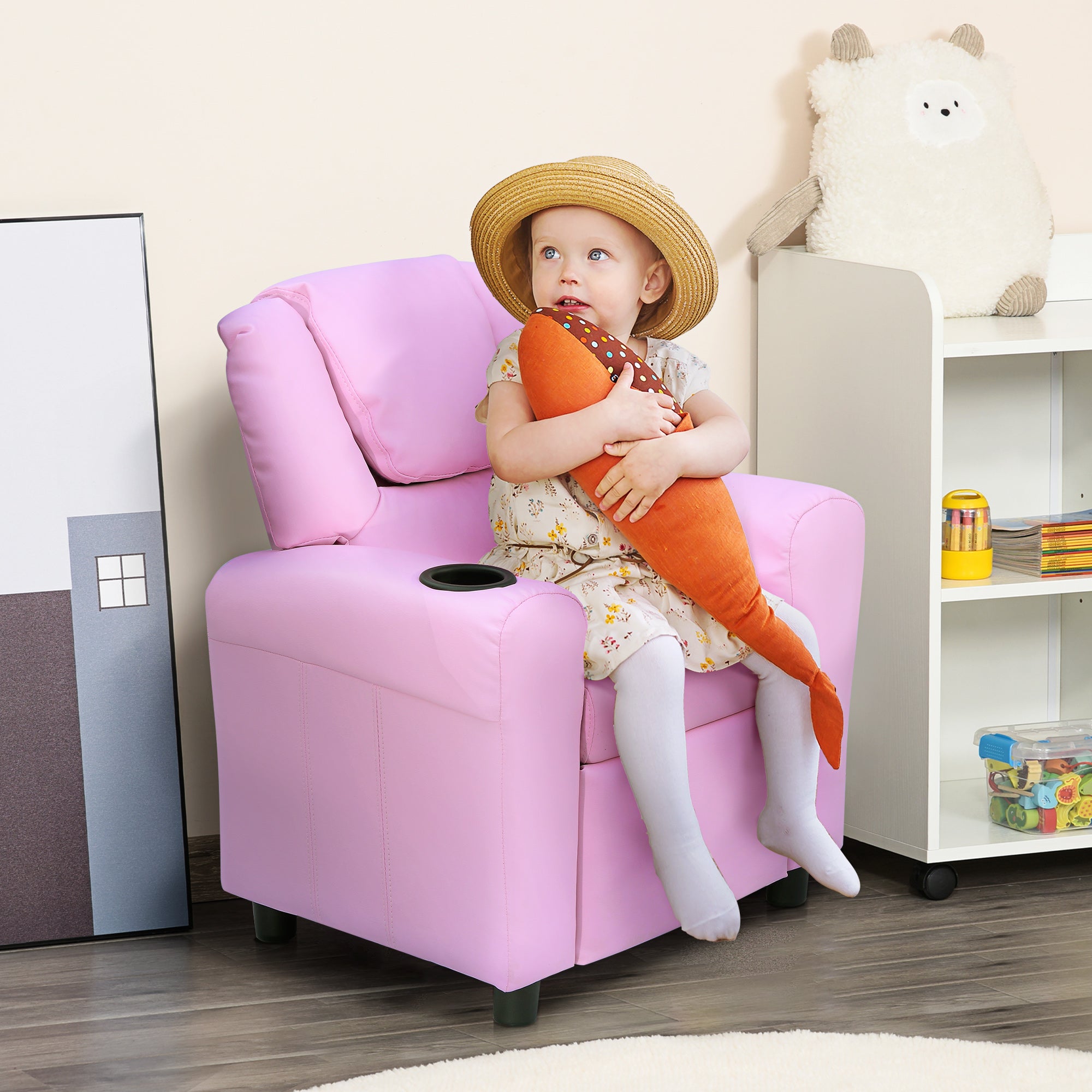 HOMCOM Kindersessel, Minisessel, Kindersofa für 3-6 Jahre alt, Liegefunktion, Eingebauten Becherhalter, Rosa, 62 x 56 x 69 cm