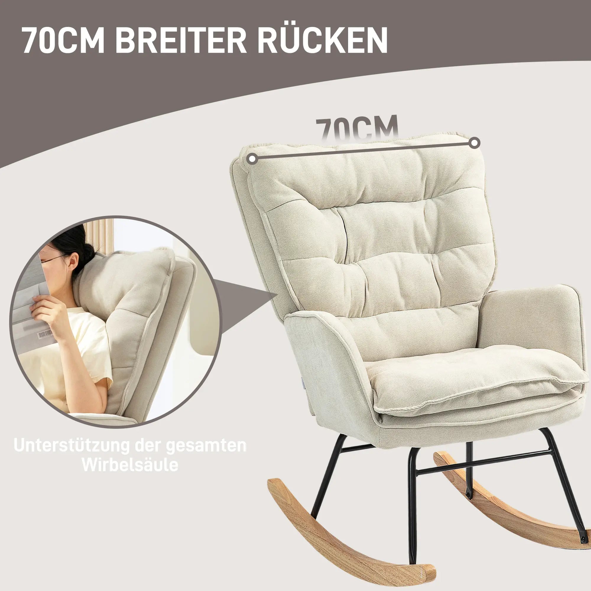 HOMCOM Schaukelstuhl, breiter Sitz, hohe Rückenlehne, Buchenholzrahmen, bis 120 kg, Beige