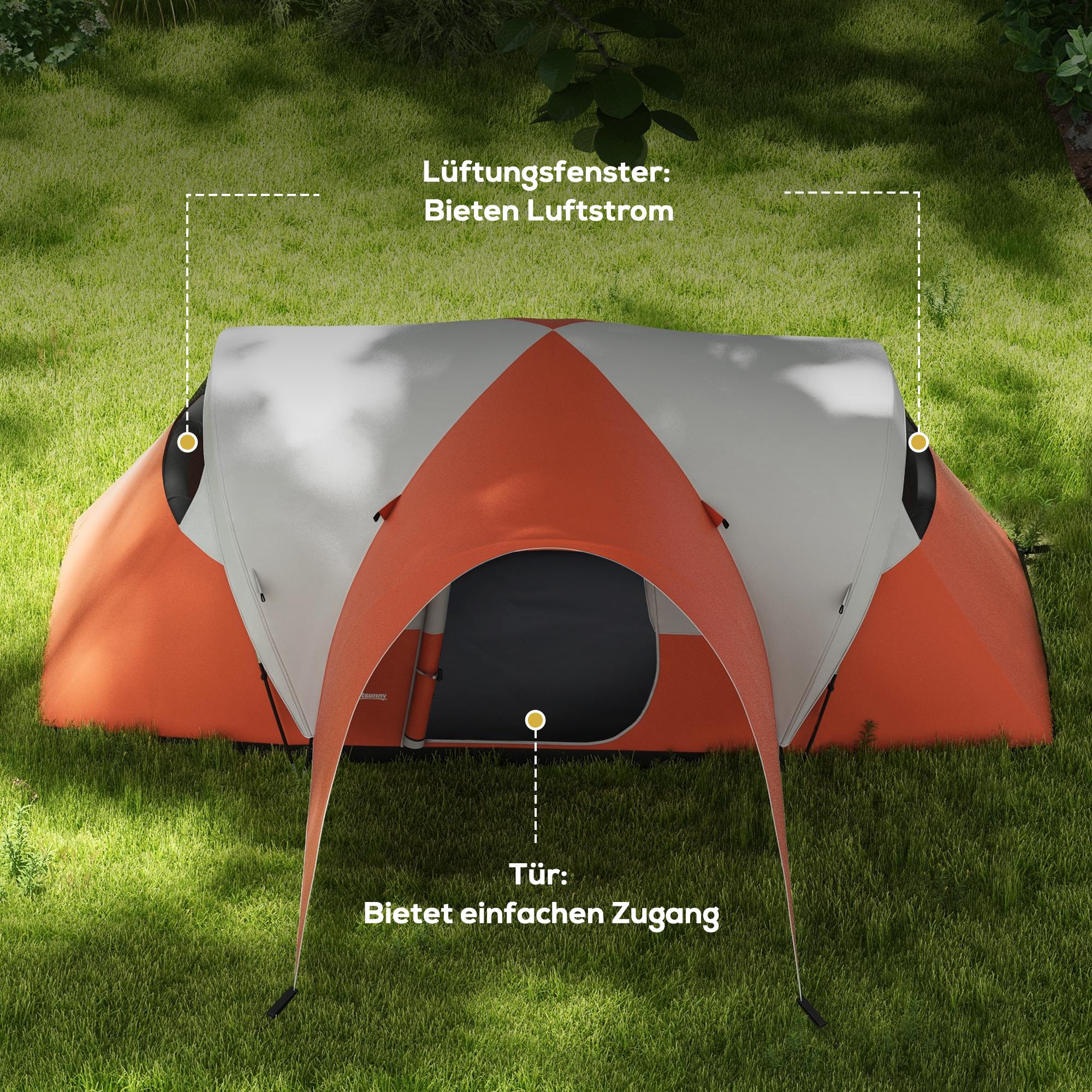Outsunny Campingzelt für 5-6 Pers., Familienzelt, wasserdicht, mit Vorzelt, 550L x 300B x 198Hcm, Orange